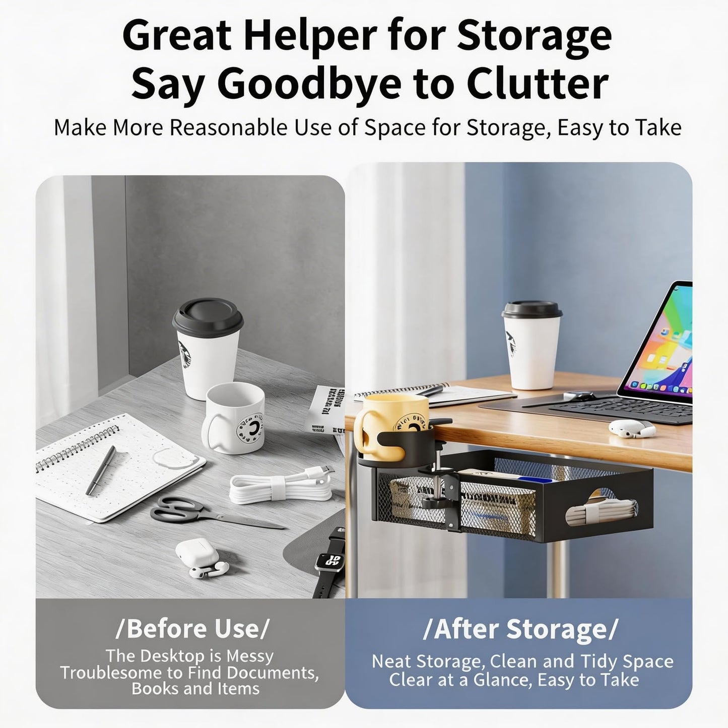 XULIONTS Clamp-On Under Desk Organizer with Cup Holder, 360° Rotating Mesh Drawer with Cable Hole, No-Drill Desk Drawer Organizer for Gaming Desk Accessories, Office Supplies, Coffee Mug, Dorm(2 in1)