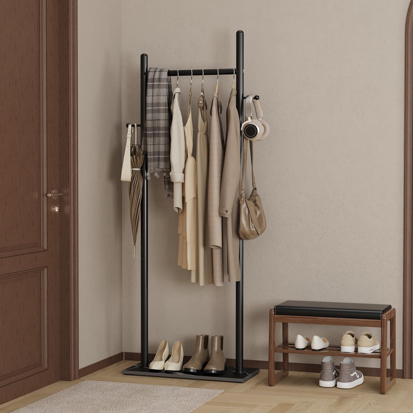 Nianerfaya Clothes Rack with 2 Hooks, Standing Garment Storage for Indoor - Clothing Rack for Hanging Clothes for Bedroom - 19.7" Wide Garment Rack Metal Clothing Hanger Rack (Black)