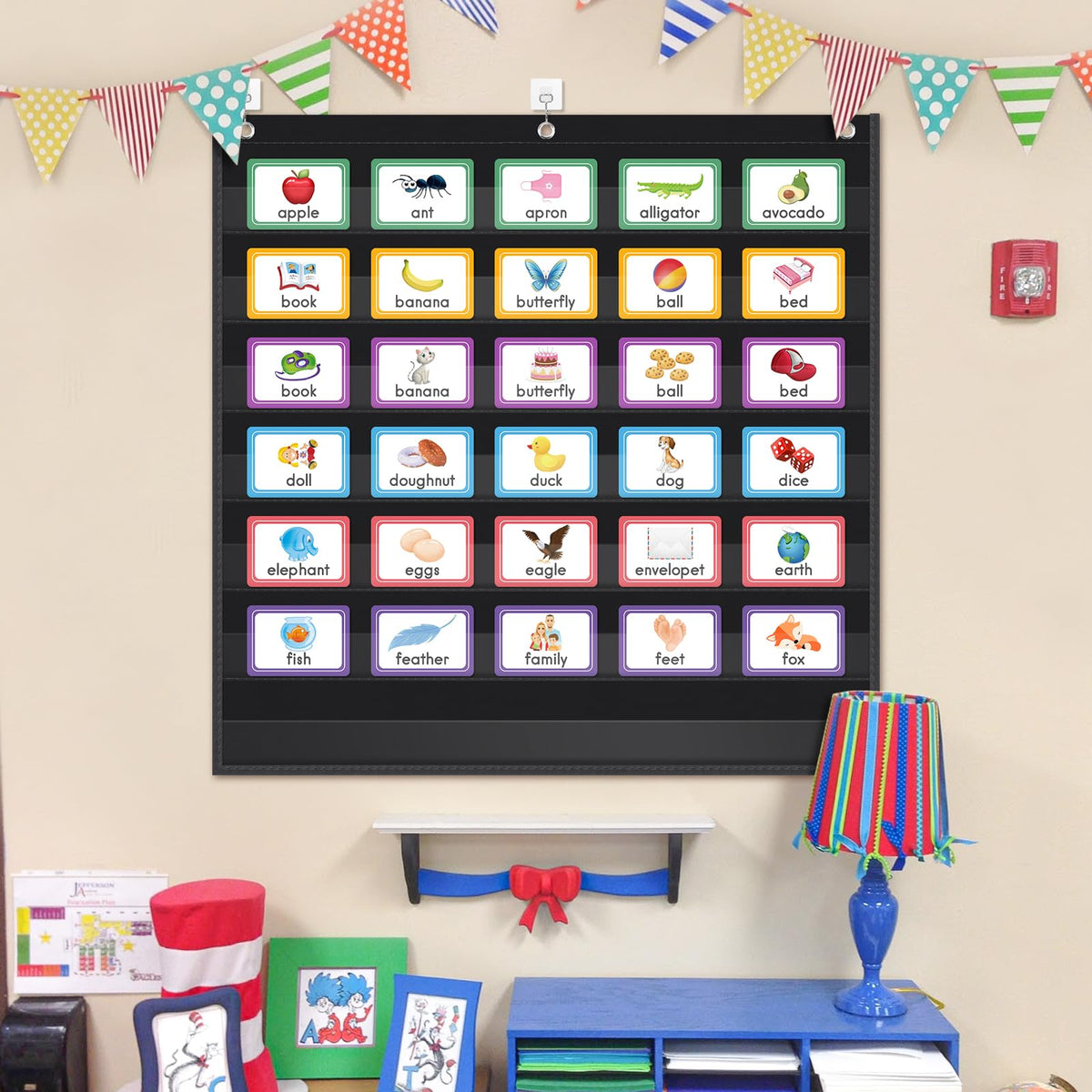 AUVCAS Standard Pocket Chart Clear 7 for Classroom & Home Heavy Duty Hanging Pocket Chart for Word Wall/Letter Cards/Sentence Strips 28Wx28L,Black