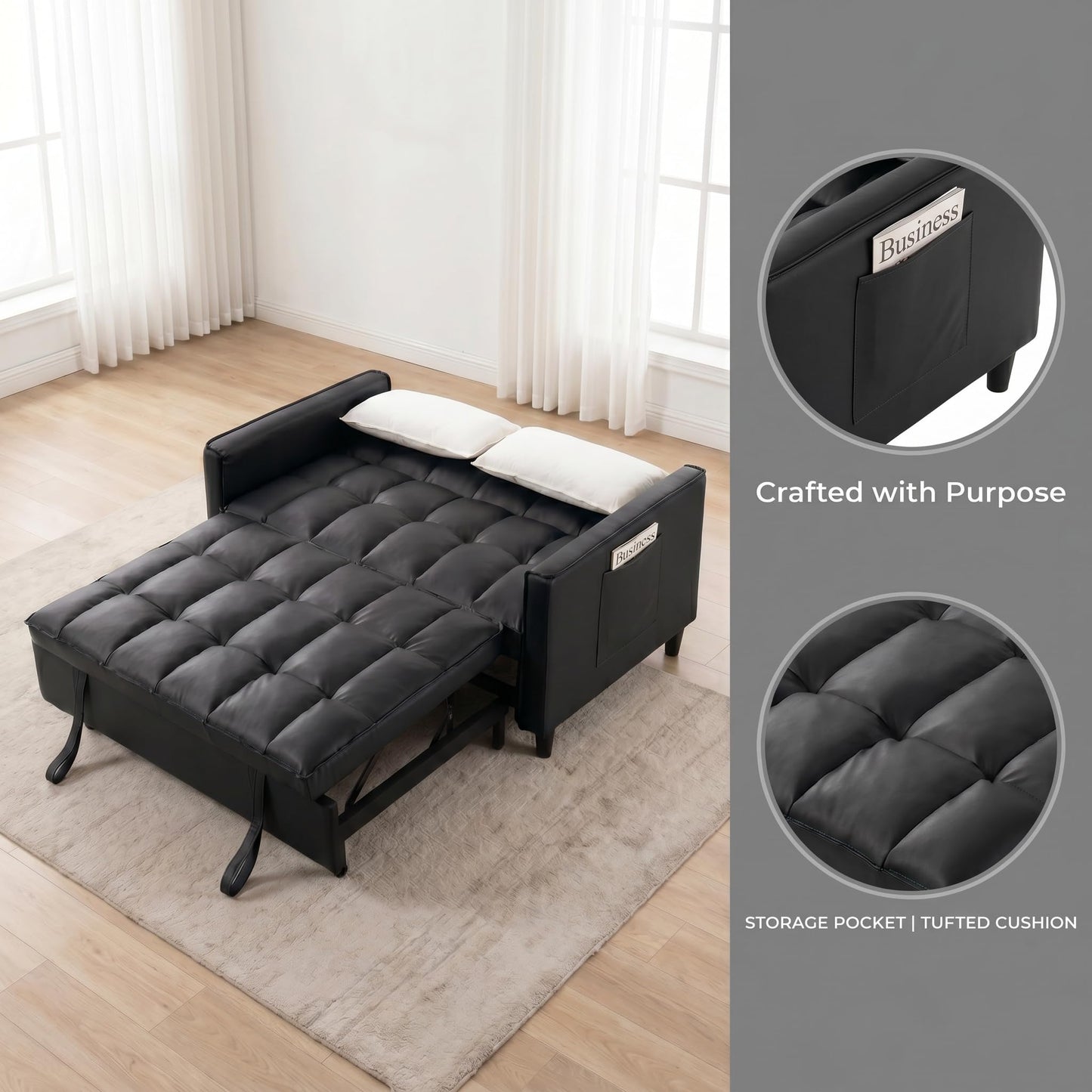 Trygoal 3 in 1 Convertible Sofa Bed, Loveseat Sleeper Sofa with Large Side Pockets, Pull Out Couch with Adjustable Backrest, Easy Assembly, PU Couch Bed for Small Spaces, Apartment, Black