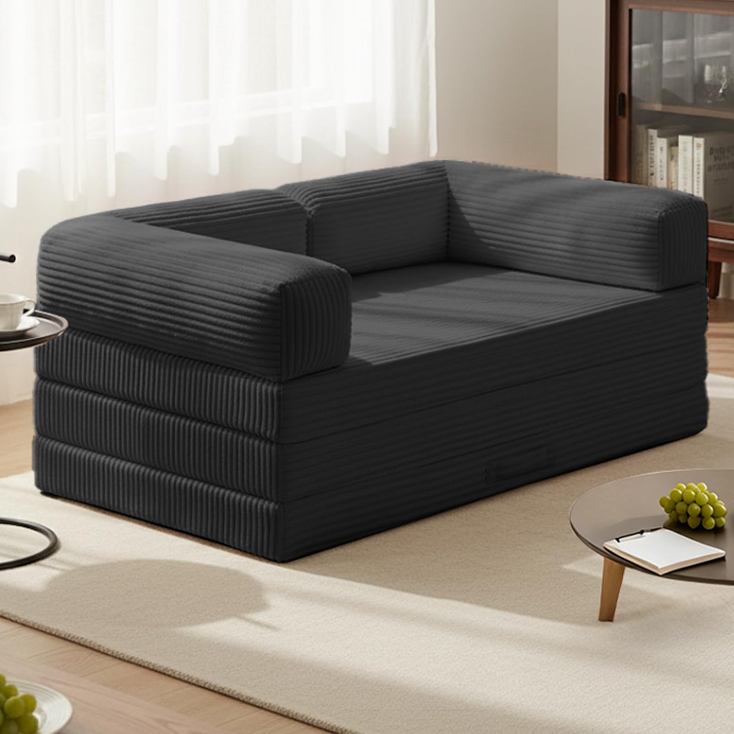 AOLVDOW Tri-Fold Foldable Mattress, Convertible Folding Sofa Bed with Removable Arms & Washable Cover, All-in-One Portable Mattress Floor Sofa Bed, No Assembly Required & Non-Slip, Full Size, Black
