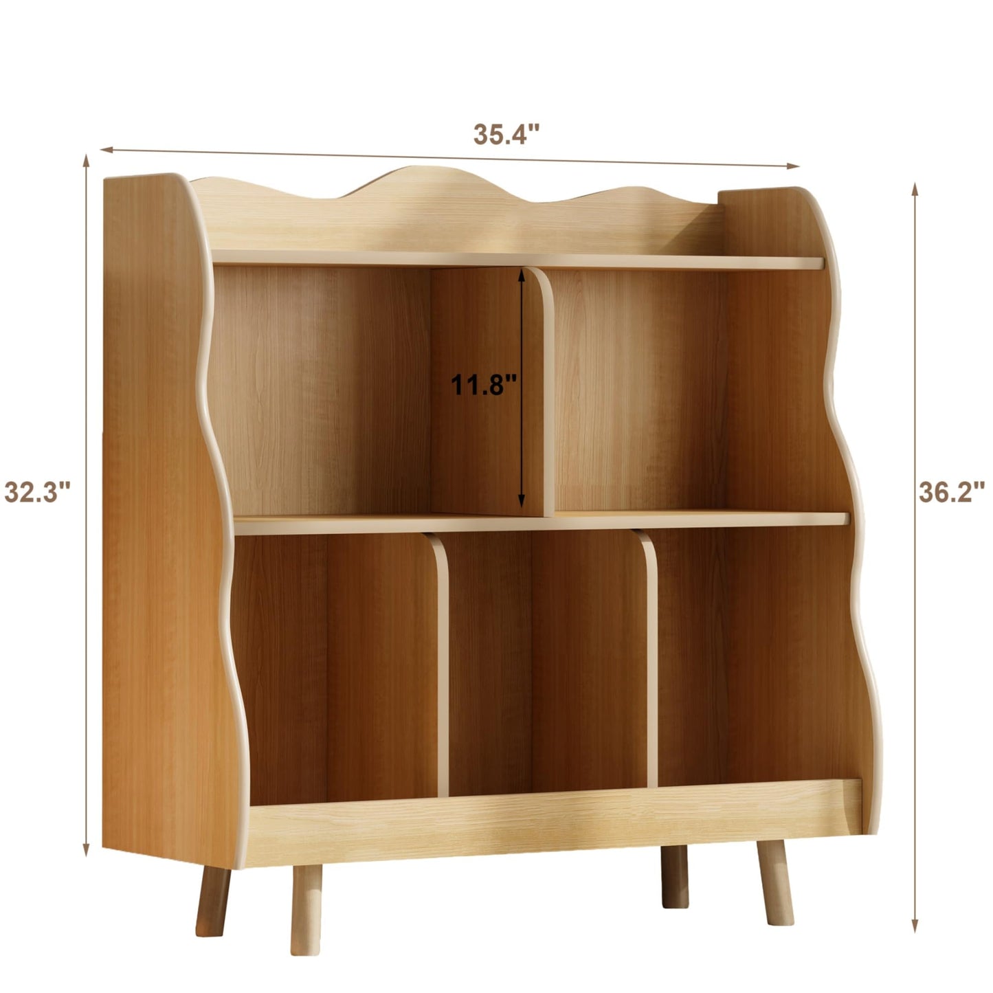 Treocho Kids Bookshelf and Toy Storage Orangizer, 3-Tier Wooden Children's Bookcase with Curve Design, 5 Toy Storage Cabinet Display with Legs for Children's Room, Playroom, School, Natural