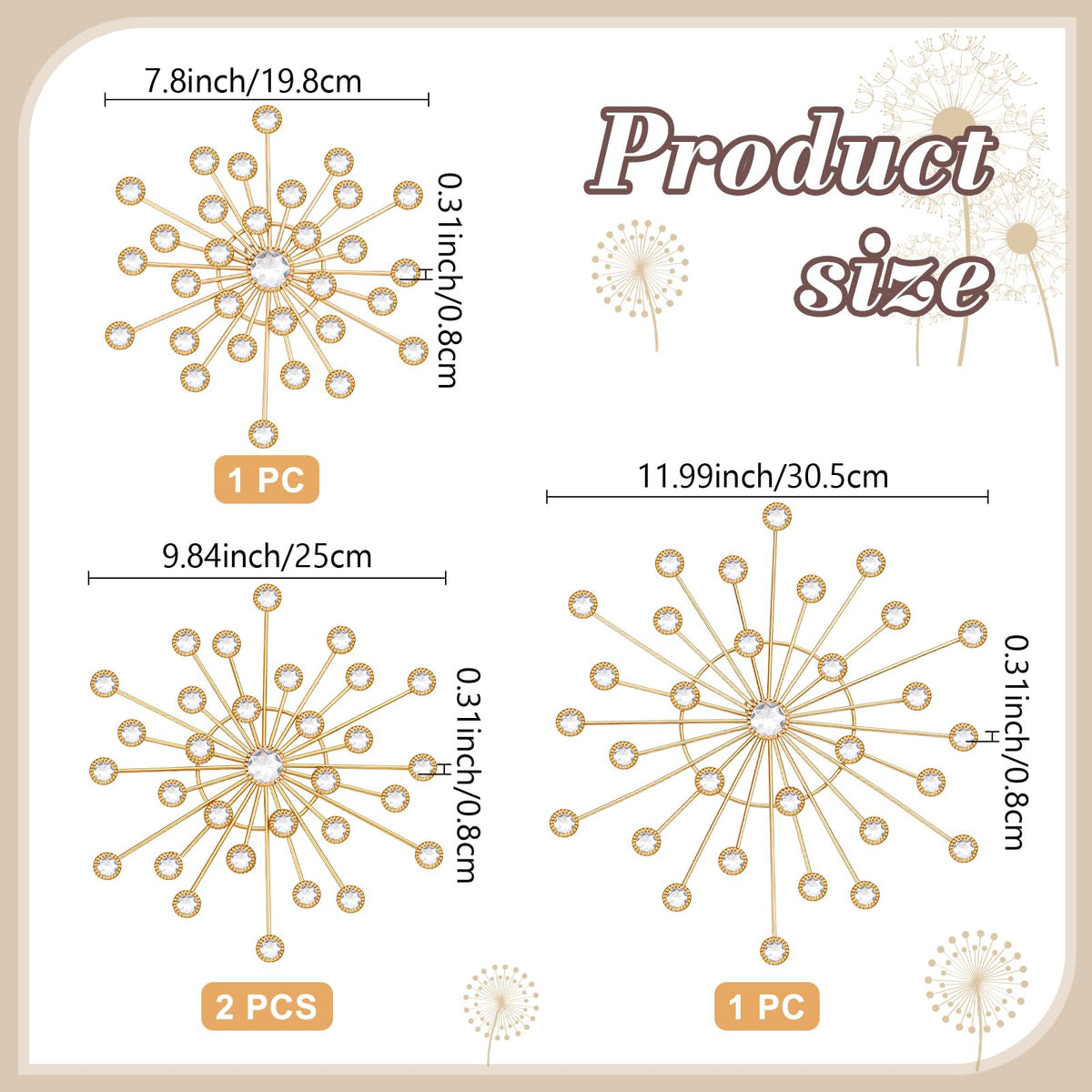 EVERJOYCRAFT 4pcs Sunburst Metal Wall Art Decor Bling Crystal Wall Decorations Starburst Home Decor Modern Accent Sculptures Hanging Pendants for Living Room Bedroom Entryway Office (Gold)