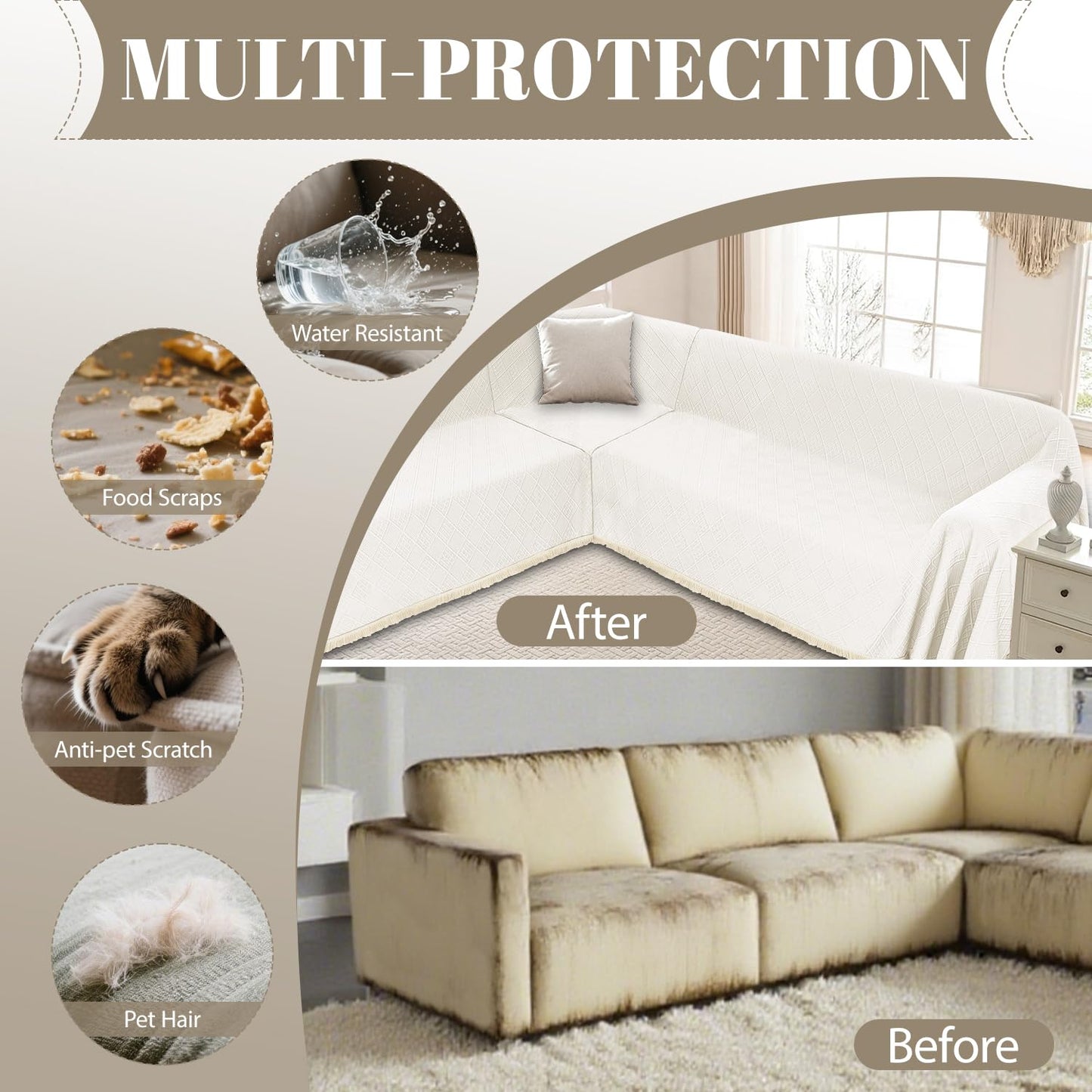 HYZOTEX Waterproof Sectional Couch Covers Sectional Sofa Cover L Shaped Corner Sofa Slipcovers Blanket for Dogs Pets Washable Jacquard Quilted L Shape Furniture Protector (75x252 in, Cream White)