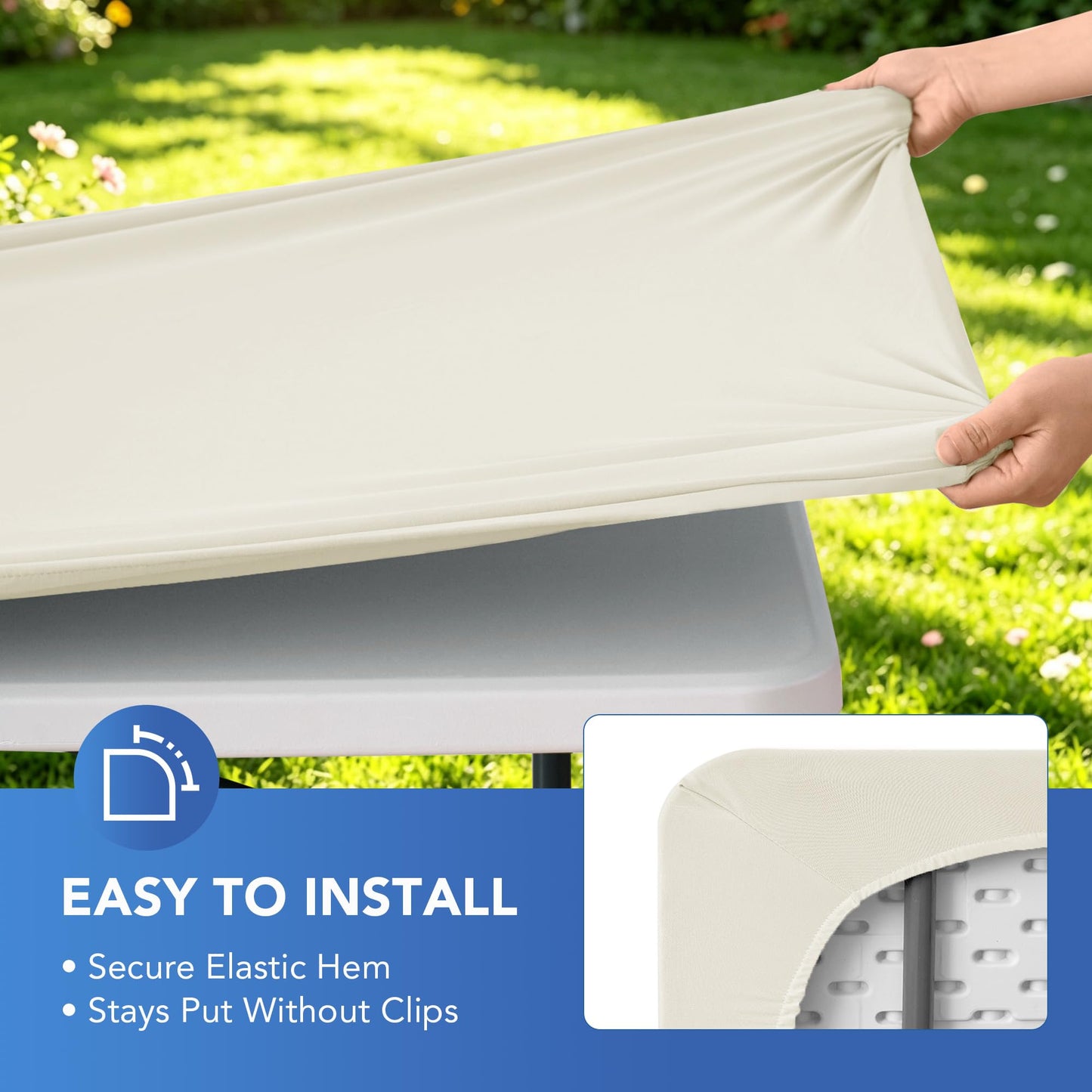 Enjoyidea Square Fitted Tablecloth 34x34 Inch-2 Pack Cream Elastic Spandex Table Cover-Small Stretch Card Folding Table Cloths Topper Cap for Kitchen Dining Picnic Patio Outdoor Party Tables