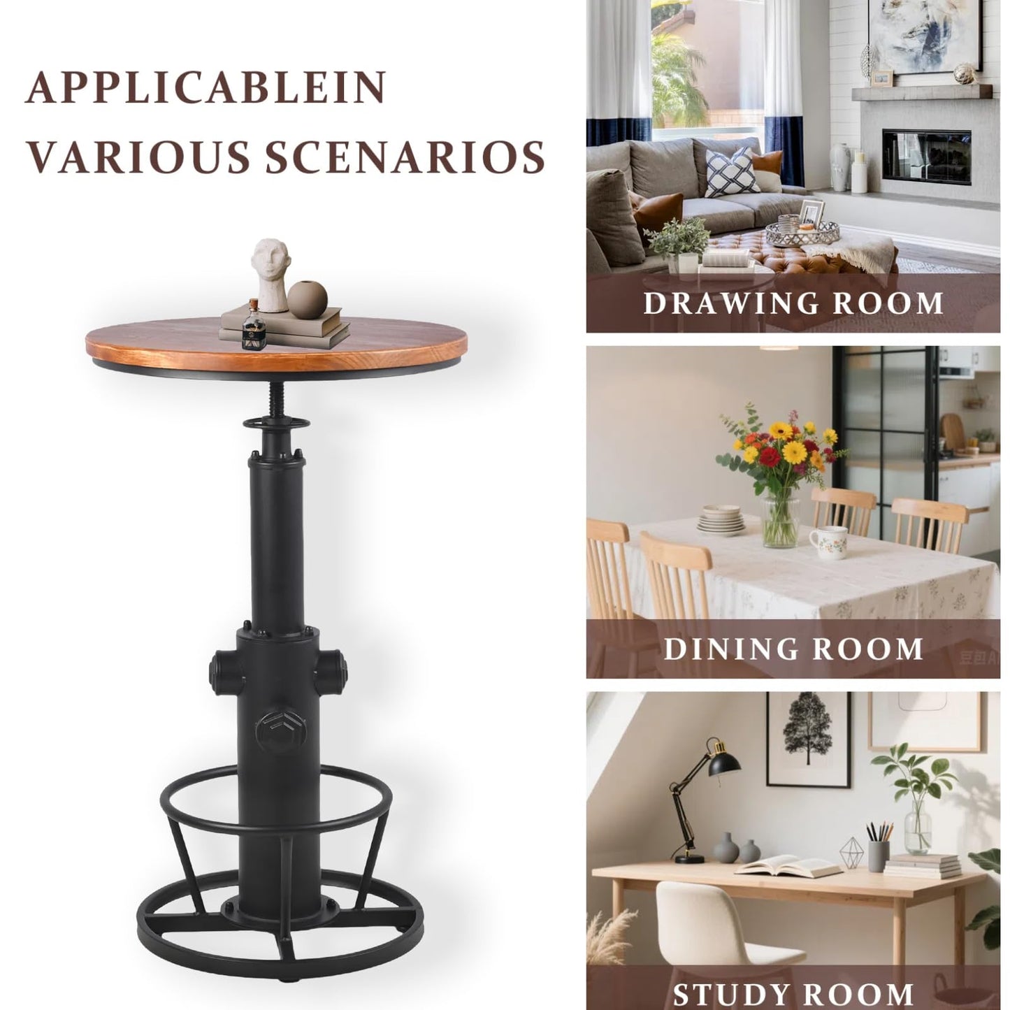 BOKKOLIK Vintage Bistro Table Height Adjustable 38.6-44.4inch Industrial Bar Table for Kitchen Dining Room Coffee House Pub Office Swivel Round Wooden Top for 2-3 People