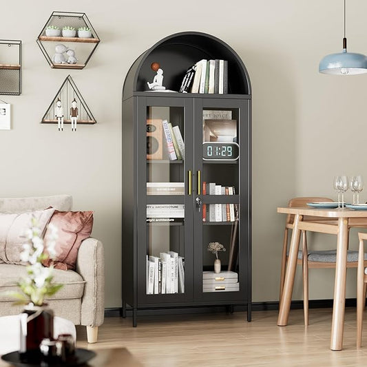 73" Black Metal Arched Display Cabinet