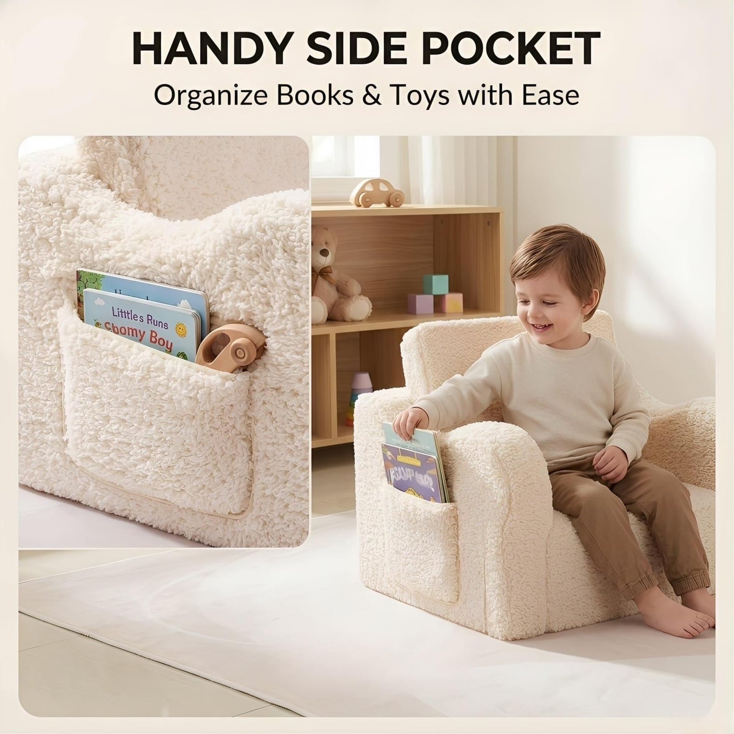 MOMCAYWEX Kids Sofa, 2-in-1 Flip-Out Foam Couch with Soft Sherpa Cover, Cozy Play Lounge Chair, Cream