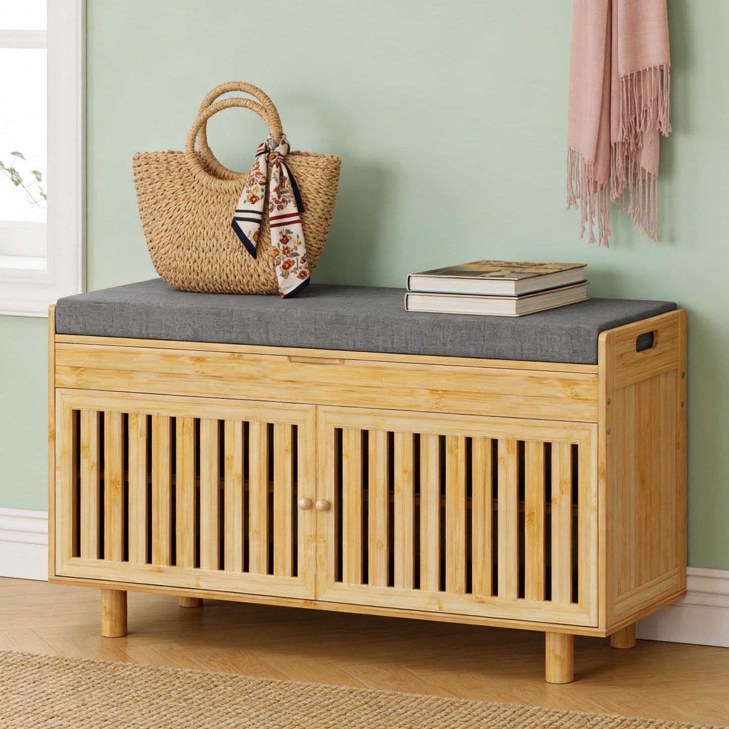 oakvivo Bamboo 35.4in Shoe Storage Bench with Lift Top Storage & Padded Seat Cushion, 2-Tier Shoe Rack Cabinet with 2 Doors for Entryway, Living Room, Bedroom, Mudroom, Natural