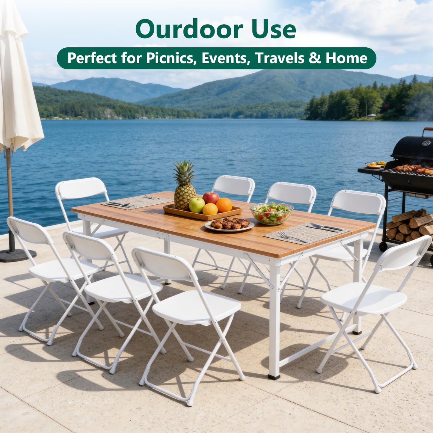 FurniEdge 4 Pack White Plastic Folding Chairs, Outdoor Portable Folding Chair with Steel Frame, 350lbs Capacity Stackable Foldable Chairs for Patio, Garden, Picnic, Kitchen, Events