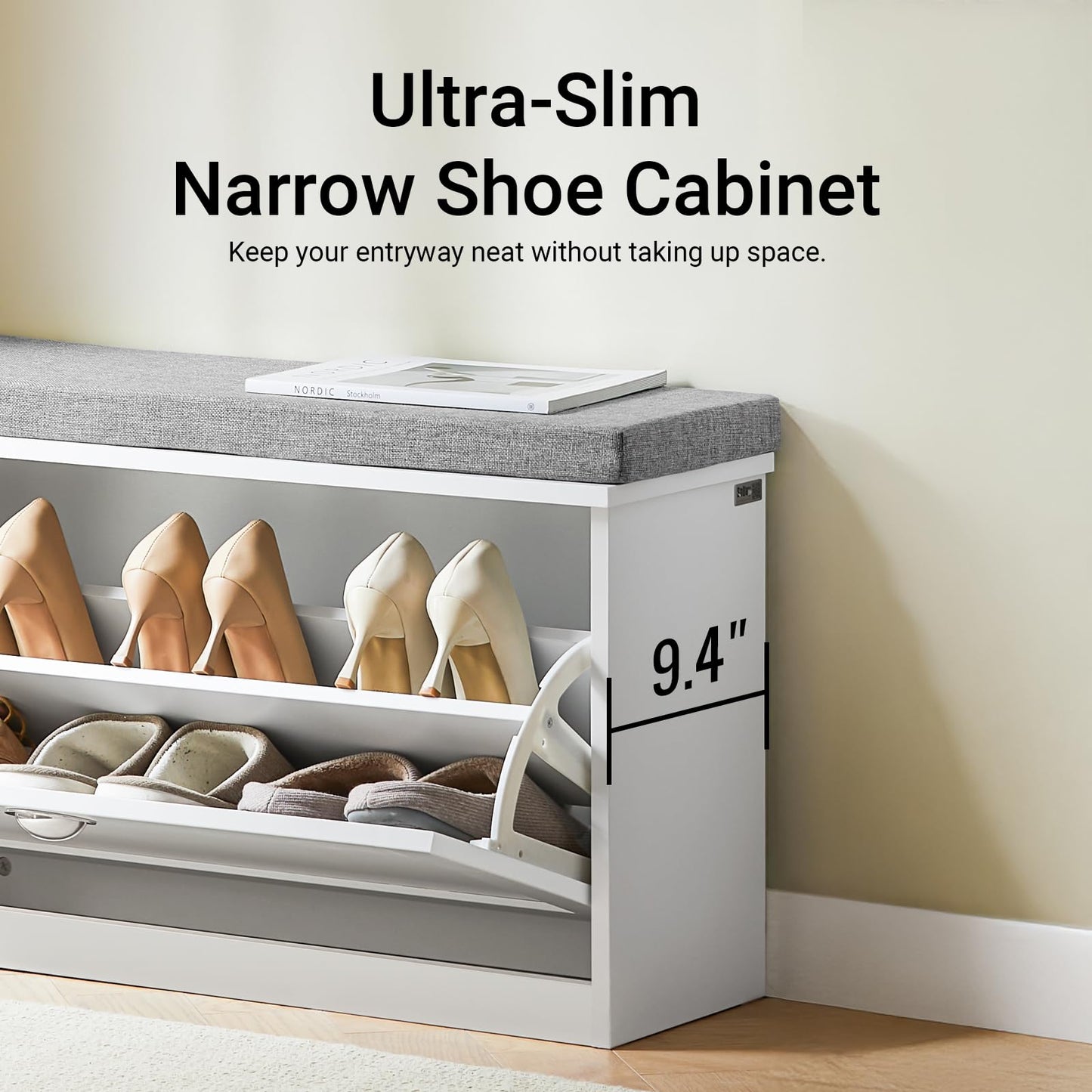 Haotian Small Shoe Cabinet Bench, Modern Shoe Storage Solution with Padded Cushion, 1 Flip Drawer for Narrow Entryway, White FSR195-W