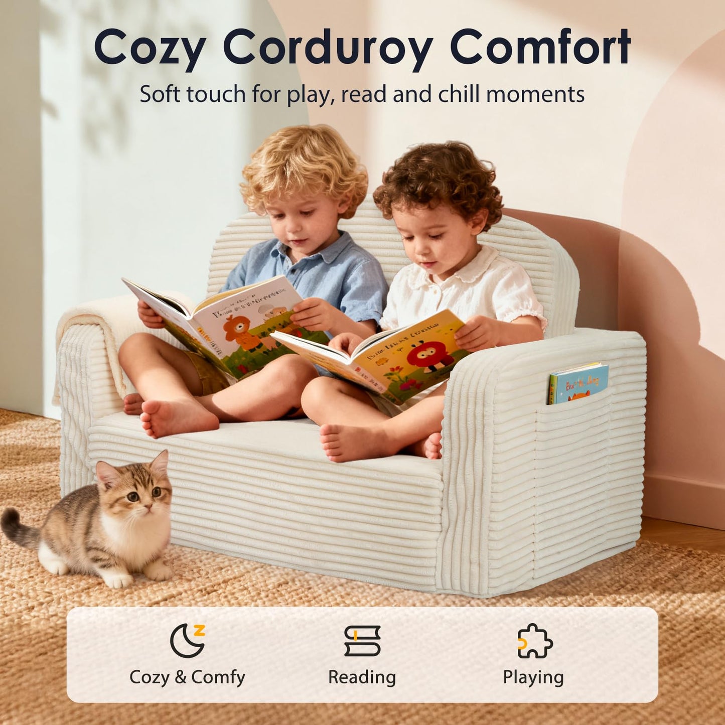 Foryoomi Extra Wide 2 in 1 Convertible Toddler Kids Couch - Corduroy Fold Out Kids Sofa Chair with Blanket, Comfy Comfortable Toddler Chair, Machine-Washable Cover, for Boys Girls, Cream