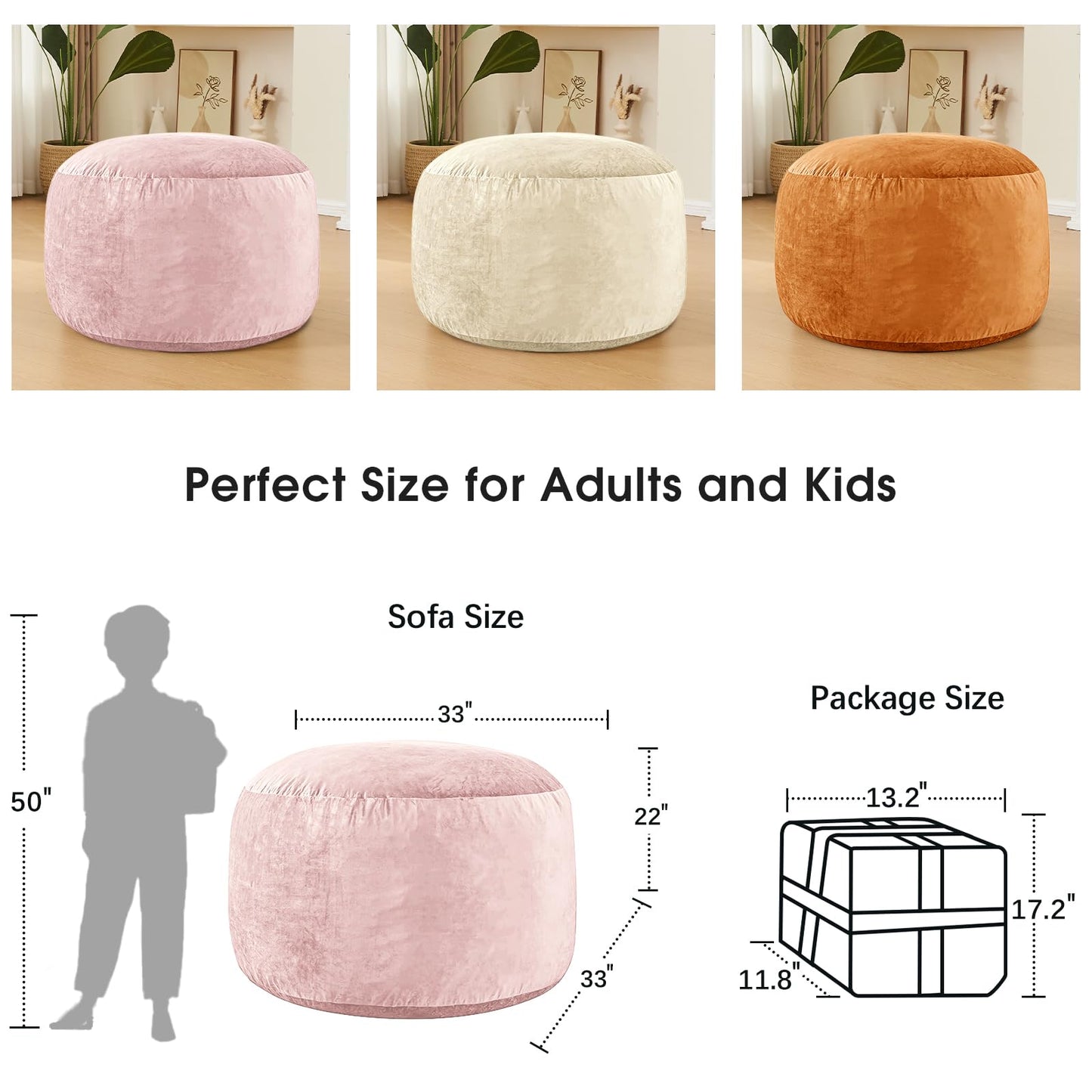 ILPEOD Bean Bag Chairs for Adults - Memory Foam Furniture BeanBag Chair - Kids/Teens Sofa with Soft Micro Fiber Cover - Round Fluffy Couch for Living Room Bedroom College Dorm - 3 ft, Pink