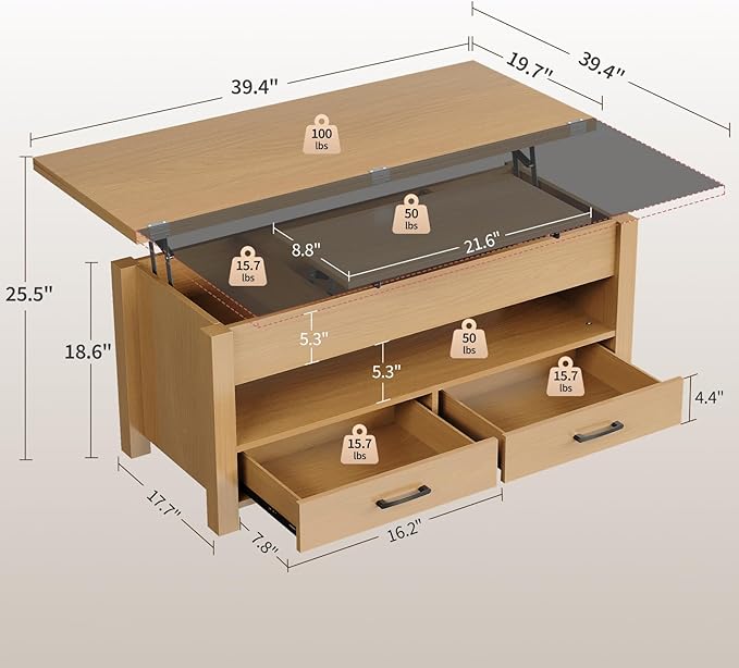 Garvee 40" Coffee Table Lift Top, Converts to Dining Table