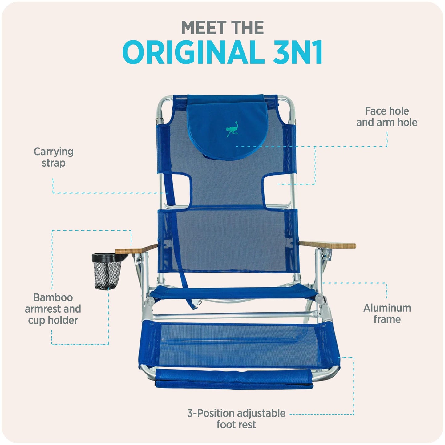 Ostrich the Original 3N1 Lightweight Beach Reclining Lounge Chair with Footrest, Outdoor Furniture for Patio, Balcony, Backyard, or Porch, Blue