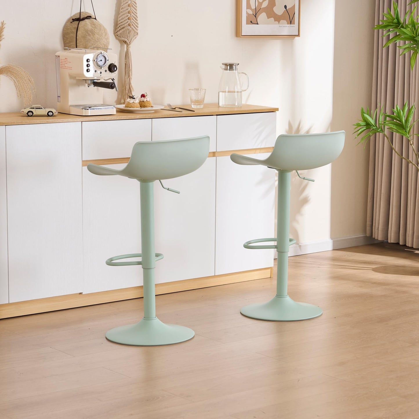 YOUNIKE Adjustable Height Bar Stools Set of 2 Plastic Swivel Barstool with Low Back Modern Kitchen Counter Island Bar Chairs for Breakfast Nook Cafe Bars Office Mint Green