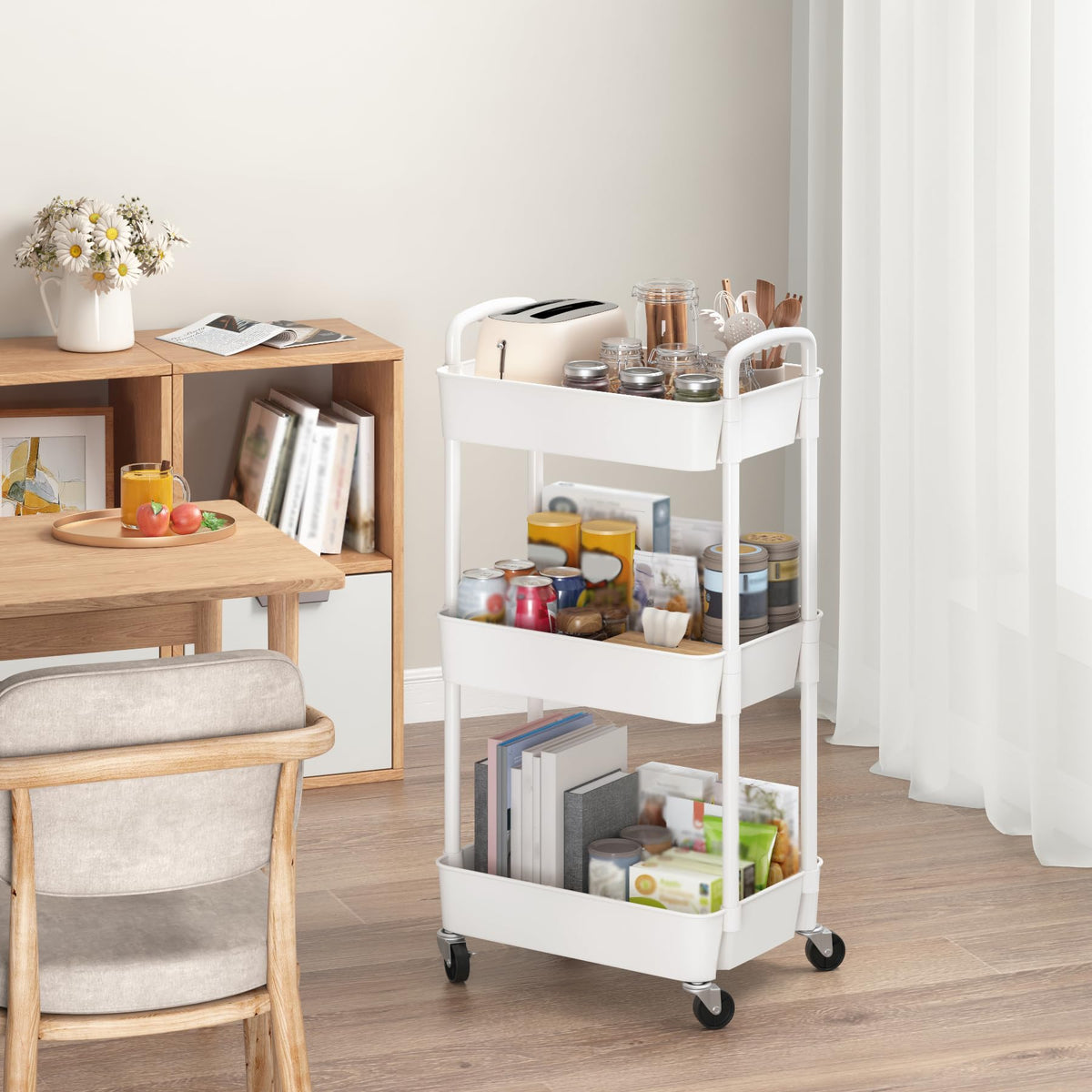 Sywhitta 3-Tier Plastic Rolling Utility Cart with Handle, Multi-Functional Storage Trolley for Office, Living Room, Kitchen, Movable Storage Organizer with Wheels, White