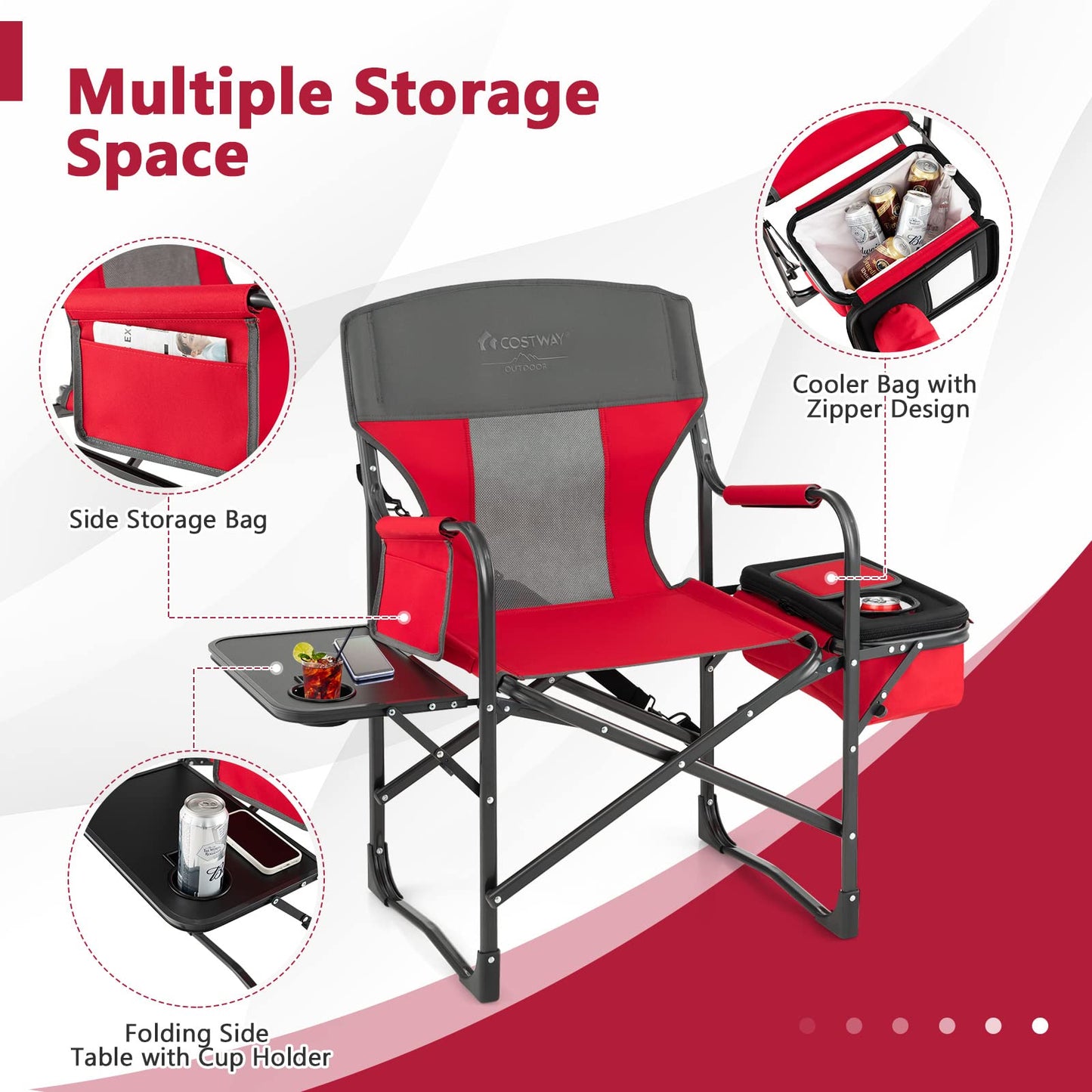 COSTWAY 2-Pack Folding Camping Chair, Heavy-Duty Director Chair Supports 400lbs for Adults with Side Table, Cooler Bag, Storage, Strap, Portable Makeup Chair Set of 2 for Fishing Picnic, Red