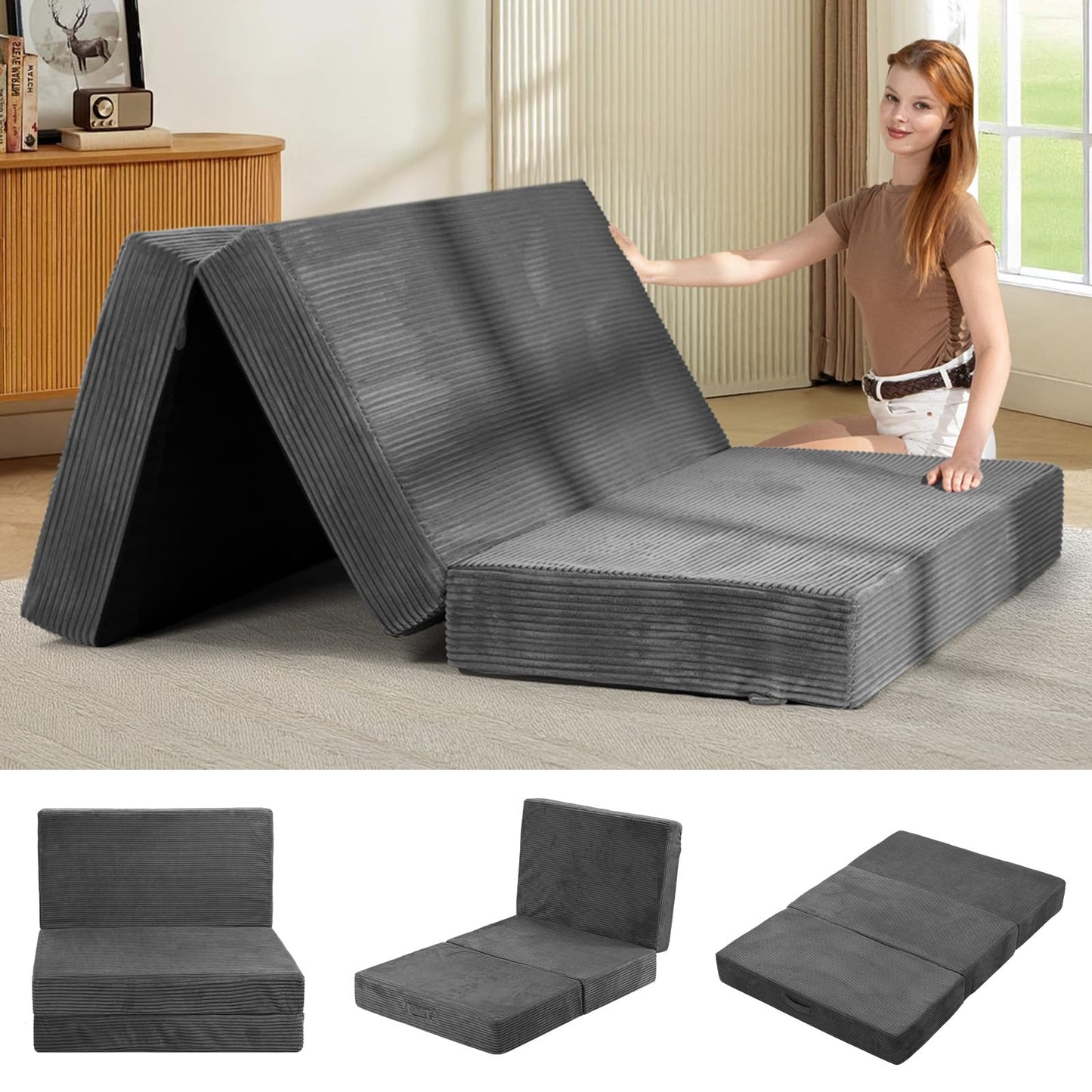 feliz home 6-Inch Tri-Folding Mattress Full Size - Foldable Futon Sofa Bed with Removable Washable Cover, Folding Futon Mattress | Non-Slip Bottom & Carry Handles for Guest, Camping, Dorm