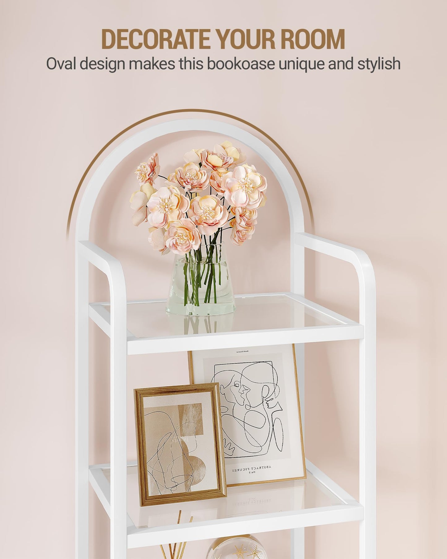 Hzuaneri Bookcase Bookshelf, Tempered Glass Bookshelves, Slim Shelving Unit for Bedroom, Bathroom, Home Office, Steel Frame, 5 Tier White BC05099W