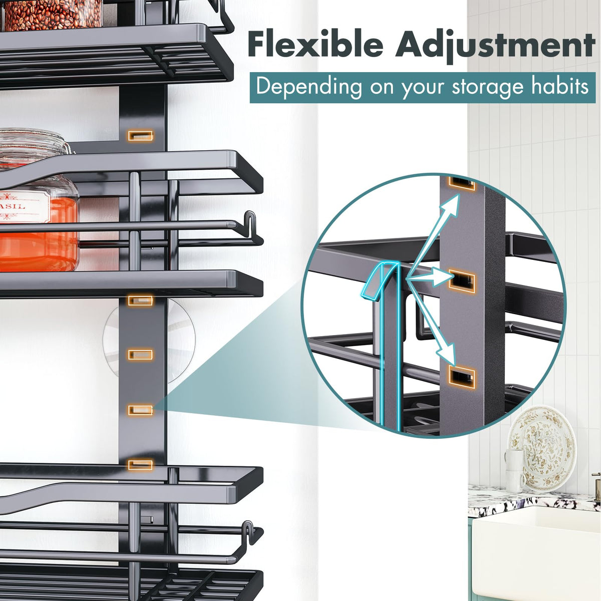 Eastherry Over The Door Pantry Organizer，9-Tier Over The Door Organizer with Adjustable Basket，Metal Hanging Pantry Organizers and Storage for Kitchen, Back of Door Seasoning Rack (Black)