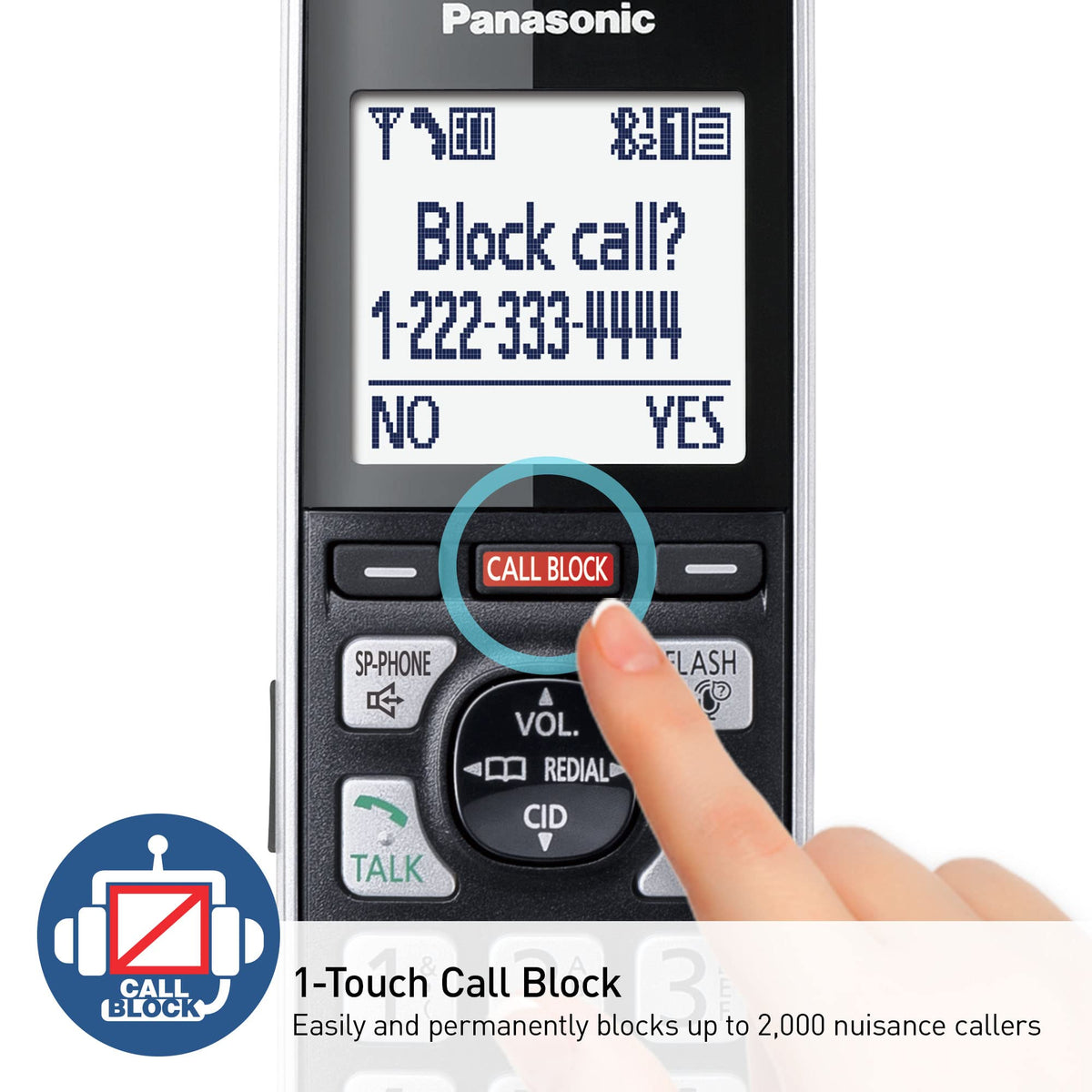 Panasonic Cordless Phone with Advanced Call Block, Link2Cell Bluetooth, One-Ring Scam Alert, and 2-Way Recording, Answering Machine, 5 Handsets - KX-TGF975B (Black/Silver Trim)