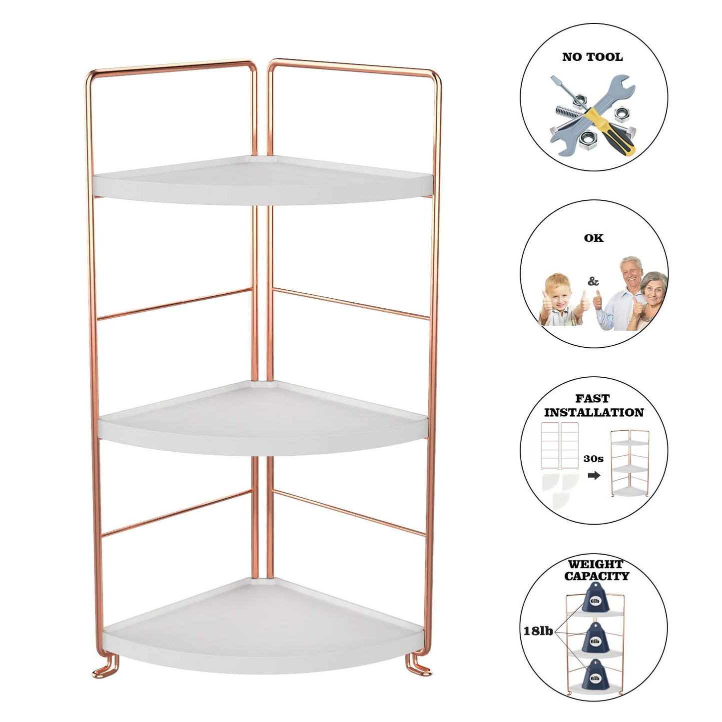 kaileyouxiangongsi 3-Tier Bathroom Countertop Organizer - Vanity Tray Cosmetic & Makeup Storage- Kitchen Spice Rack Standing Shelf - Corner Storage Shelf, Rose Gold