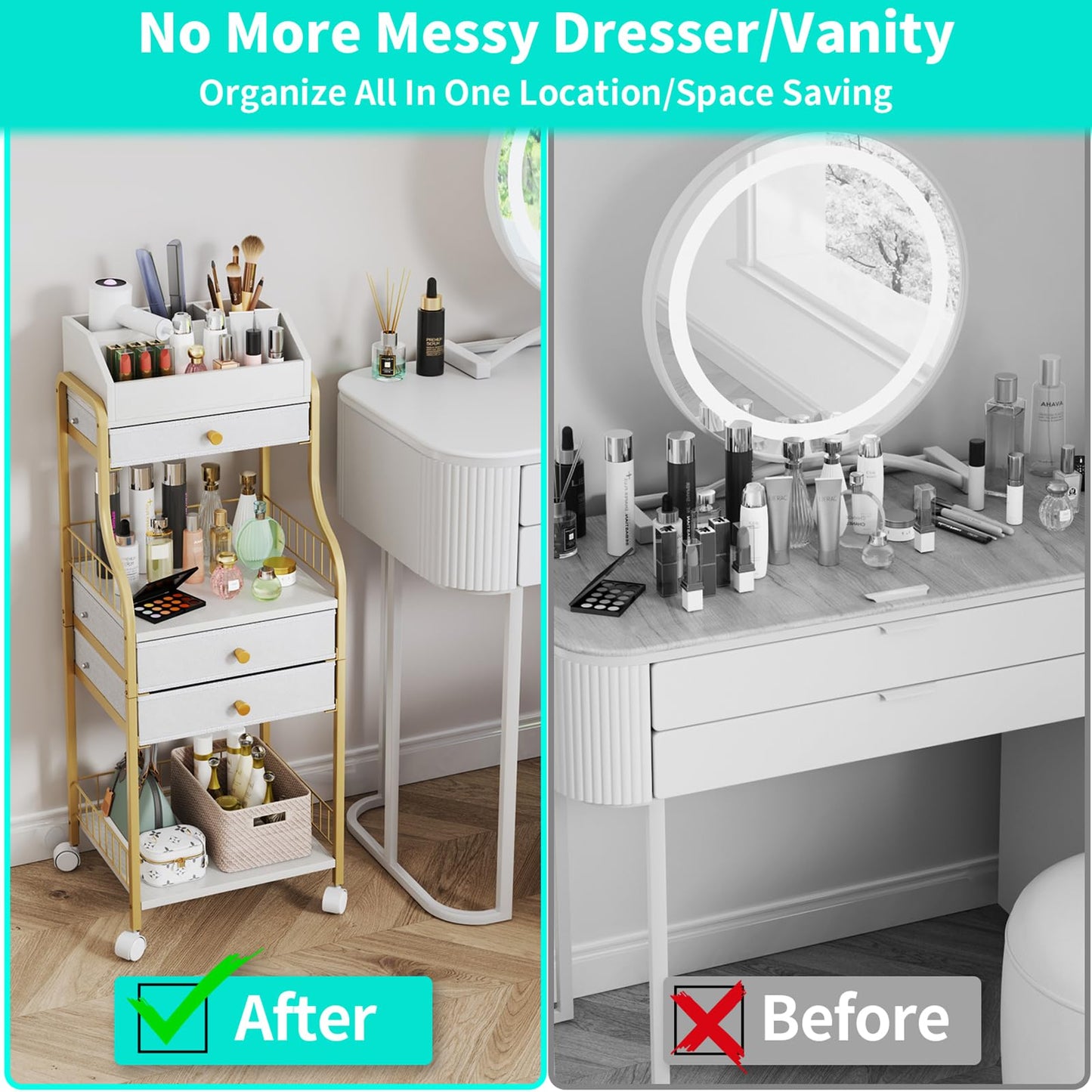 HapiRm Floor Makeup Organizer Storage - Vanity Skincare Make Up Organizers and Storage with Drawers, Cosmetics Display Cases Holder for Skin Care Nail Polish Perfume Makeup Brush, Gold