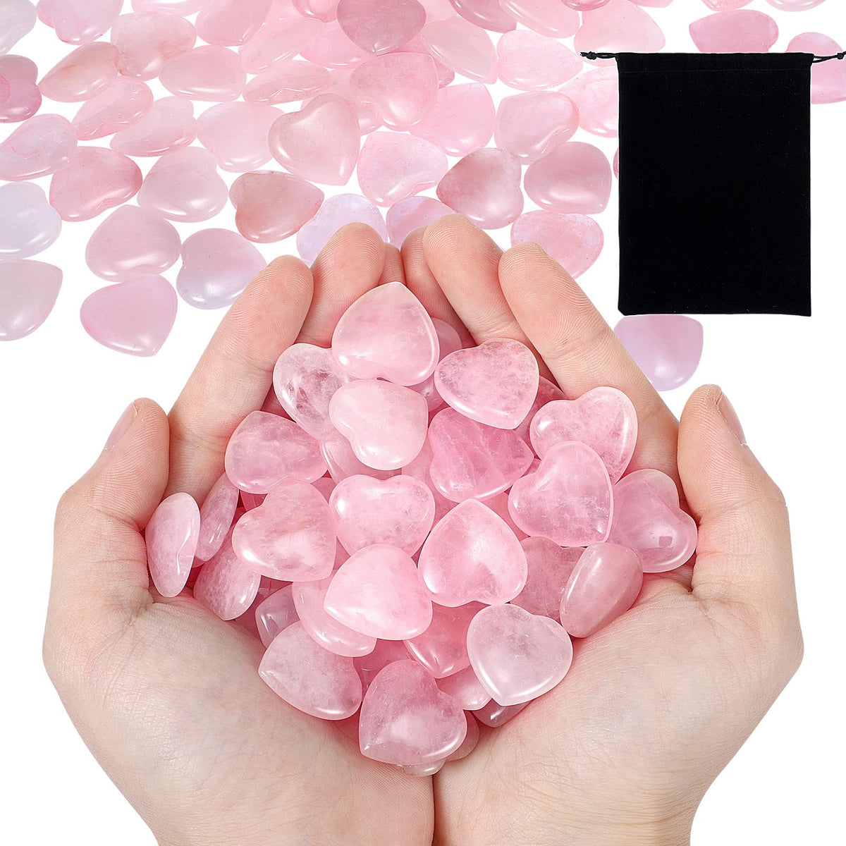 Ecation 120 Pcs Heart Quartz Bulk Crystals Stone Bulk Natural Polished Stone Heart Love Carved Healing Worry Crystal with Flannel Bag for Women Gifts(Rose Quartz)