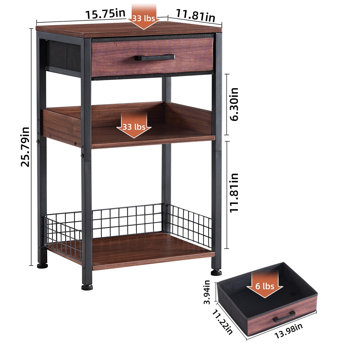 Lerliuo Walnut Printer Stand with Fabric Drawer, 3 Tier Industrial Side Table, Modern Small Printer Desk Holder with Storage Shelf,Multi-Functional Bedside Tables for Home Office Fax Machine Scanner