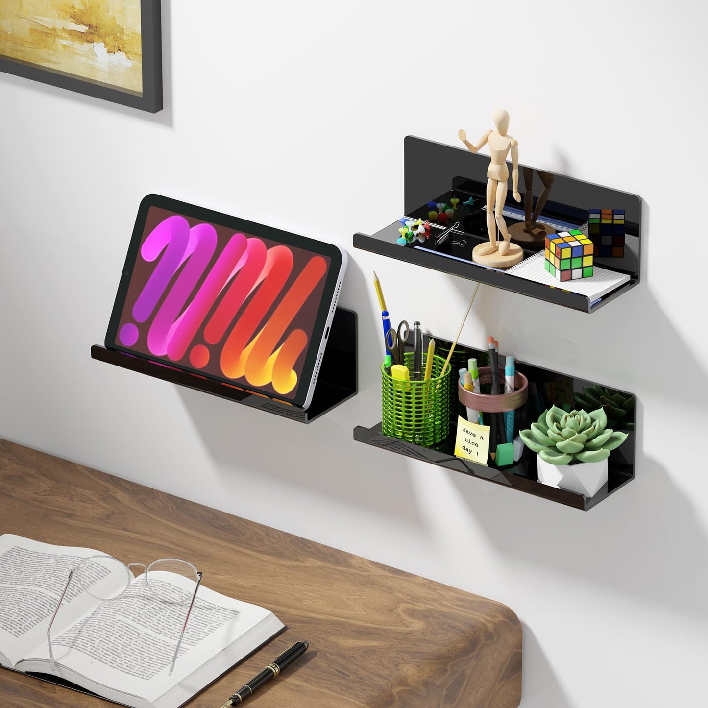 PAVSTINE Acrylic Floating Shelves for Wall No Drilling, Self Adhesive Space-Saving Shelves, 12 Inch Floating Shelf Stick on Wall Shelf, for Bathroom, Kitchen, Bedroom, Office, Gaming Room, Black