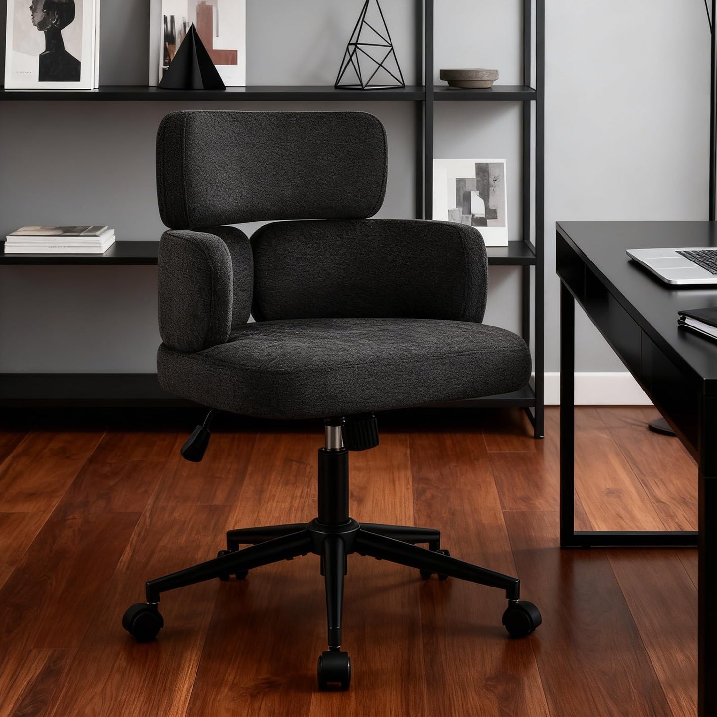 Furnistyle Modern Upholstered Office Chair with Wheels, Adjustable Height Swivel Desk Chair with Arms, Comfy Fabric Task Chair for Home Office, Bedroom, Study Room, Rolling Base,Black