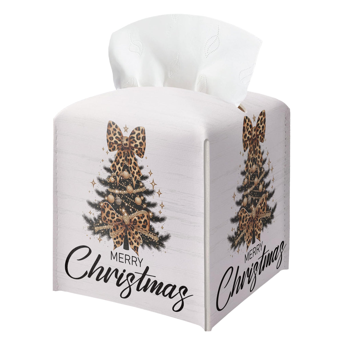 Christmas Tree Tissue Box Holder, Leopard Print Christmas Tree Leather Tissue Box Cover Square, Paper Facial Decorative Tissues Cover for Night Stands Bathroom Office Home Decor-B13