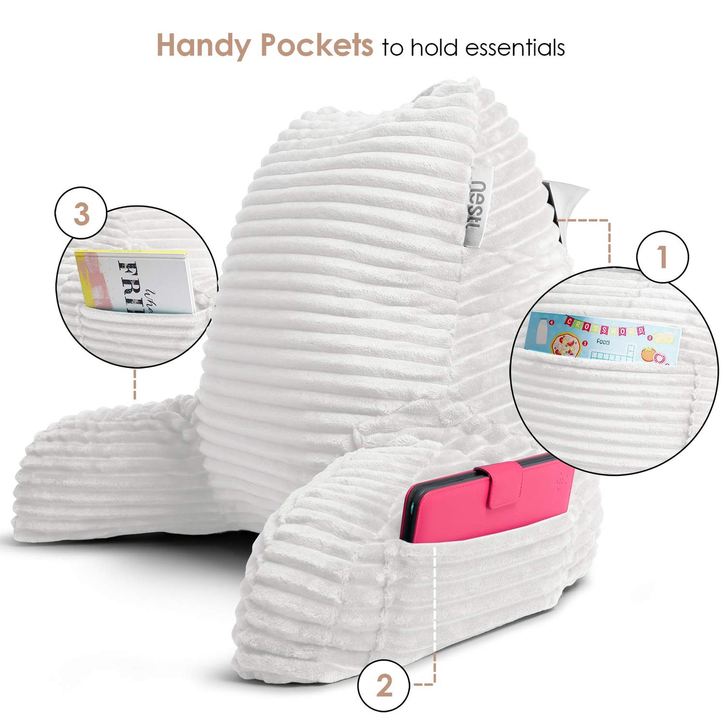 Nestl White Reading Pillow with Bed Desk for Laptop and Writing, Luxe Cut Plush Back Pillow for Sitting Up, Back and Arms Adjustable Support for Adult and Teens, Foldable Lap Desk for Bed 22x14”