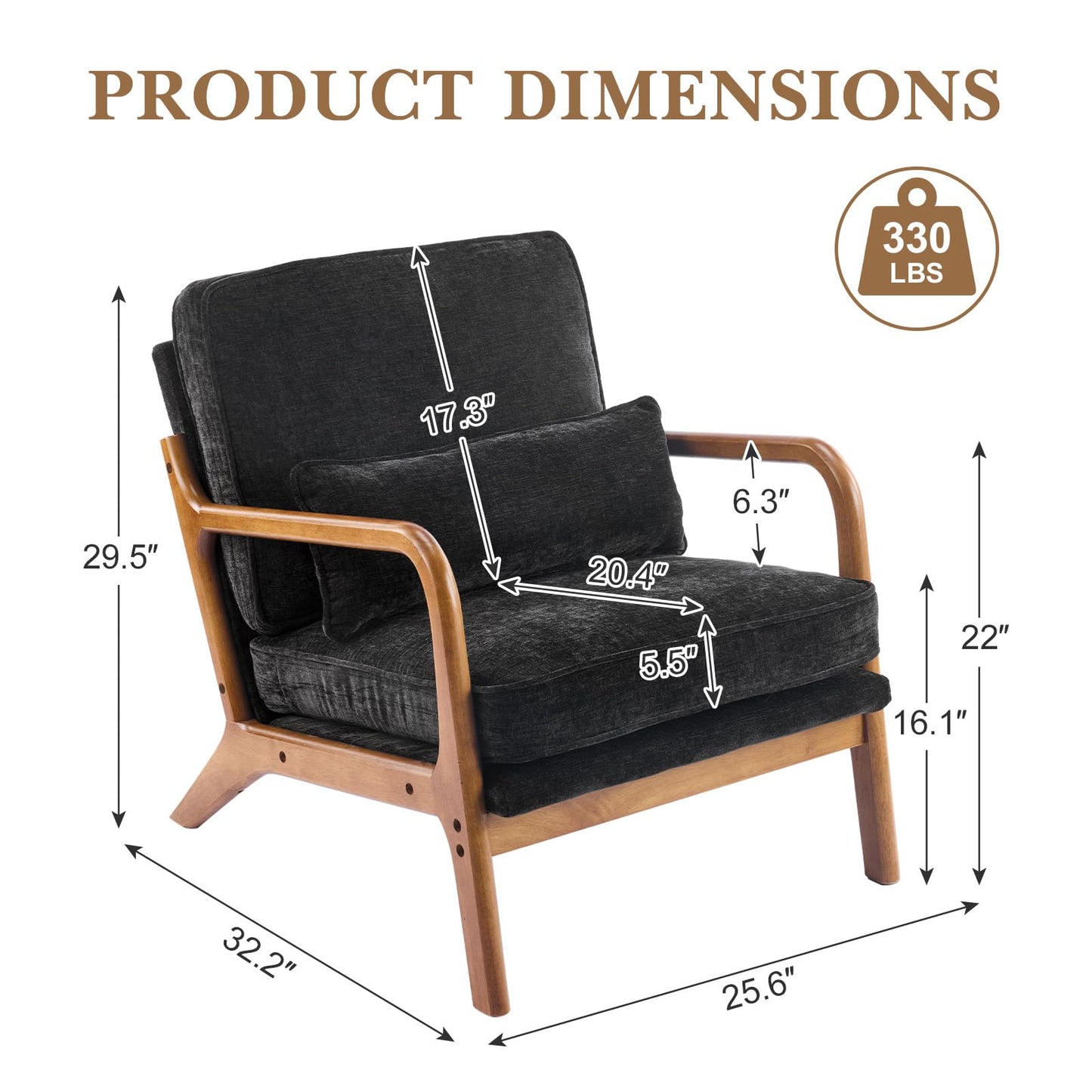 Karl home Mid Century Modern Accent Chair with Lumbar Pillow & Oak Arms – Plush Chenille Living Room Chair for Bedroom, Lounge (Black)