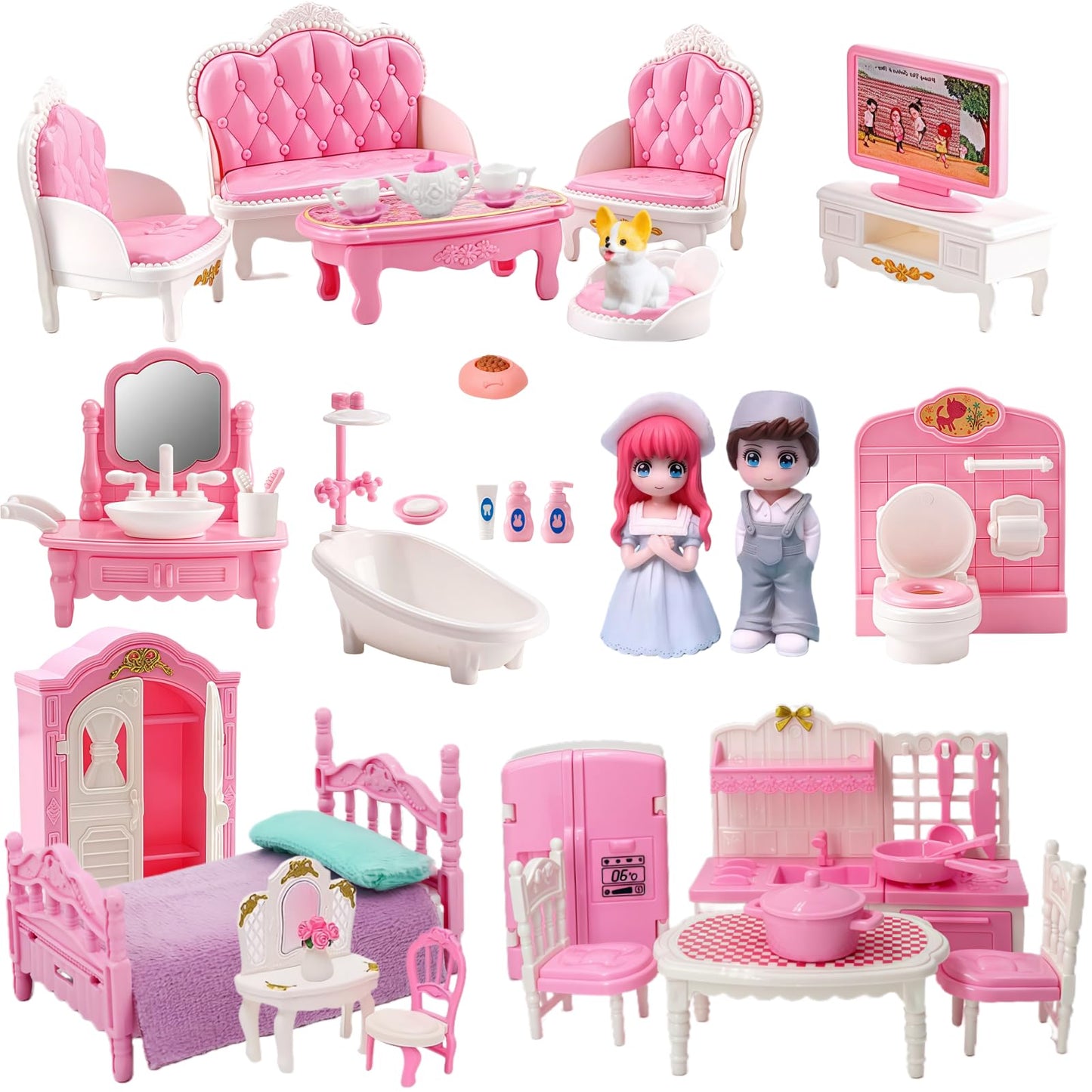 Princess Dollhouse Furniture Set, 48 Piece Luxury Miniature Accessories Collection with Living Room, Bathroom, Bedroom，Kitchen, TV Entertainment Set (Pink)