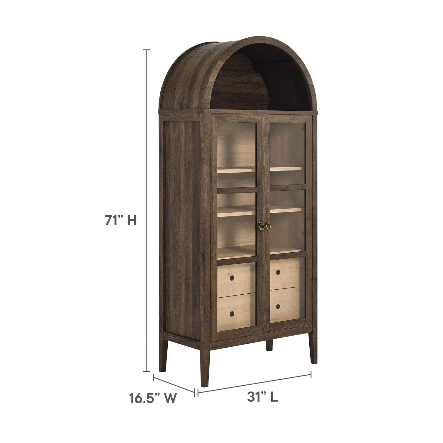 Modway Nolan Modern Farmhouse 71 Inch Tall Arched Storage Display Cabinet in Walnut Hickory Wood Grain - 4-Tier Bookcase with Glass Doors and Shelves - Arch Accent Cabinet for Living Room