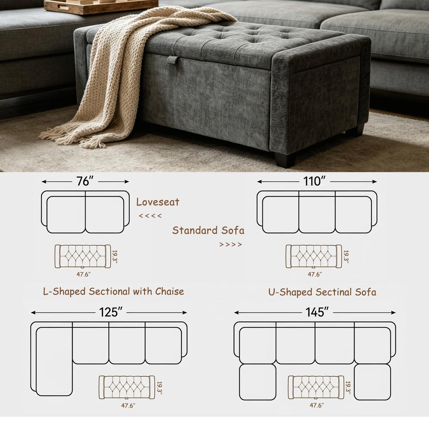 2BYF 47" White Ottoman Bench, Comfort Bed End Storage Bench for Living Room