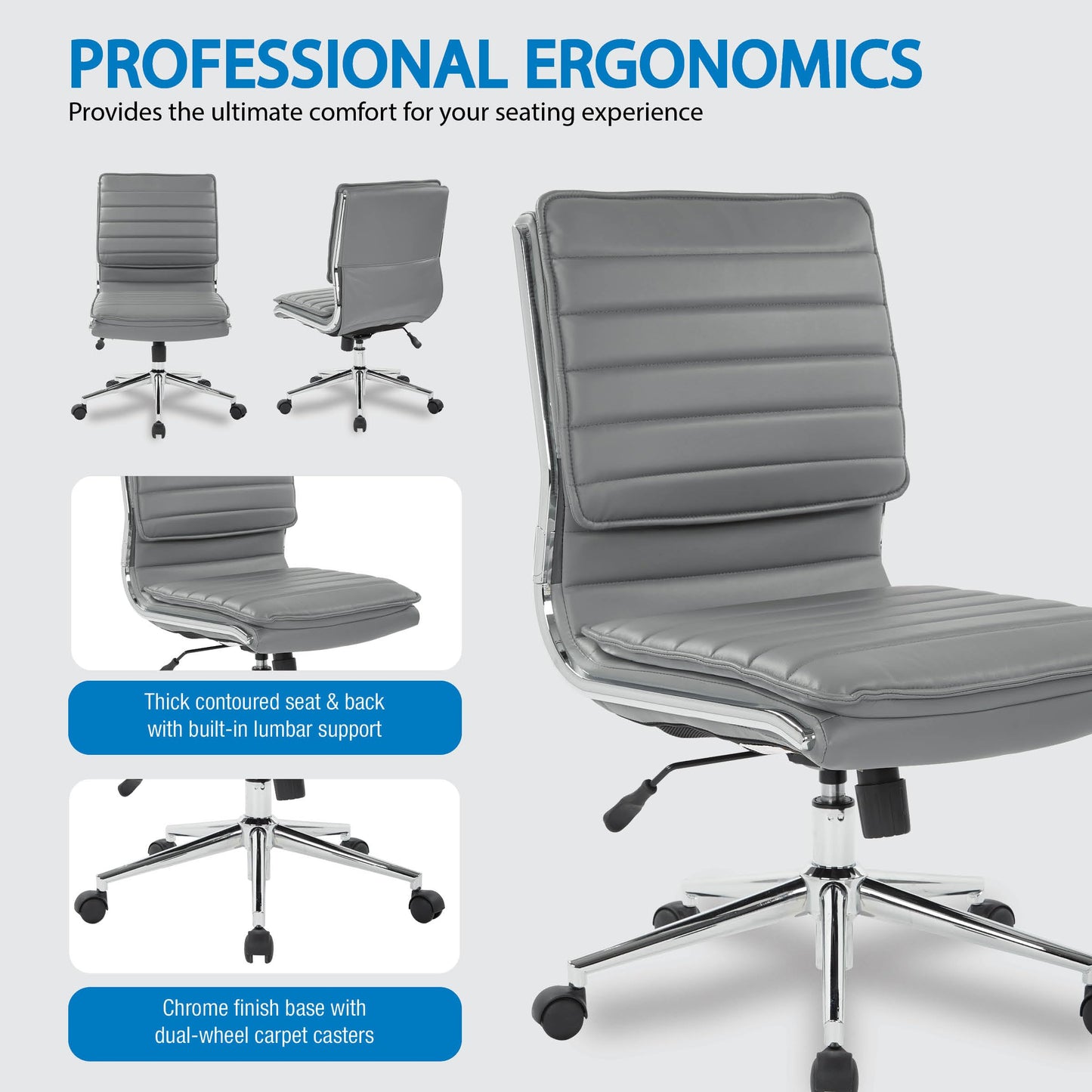 Office Star SPX Professional Ergonomic Ribbed Faux Leather Office Chair with Chrome Base, Mid Back Manager's Chair Without Arms, Charcoal