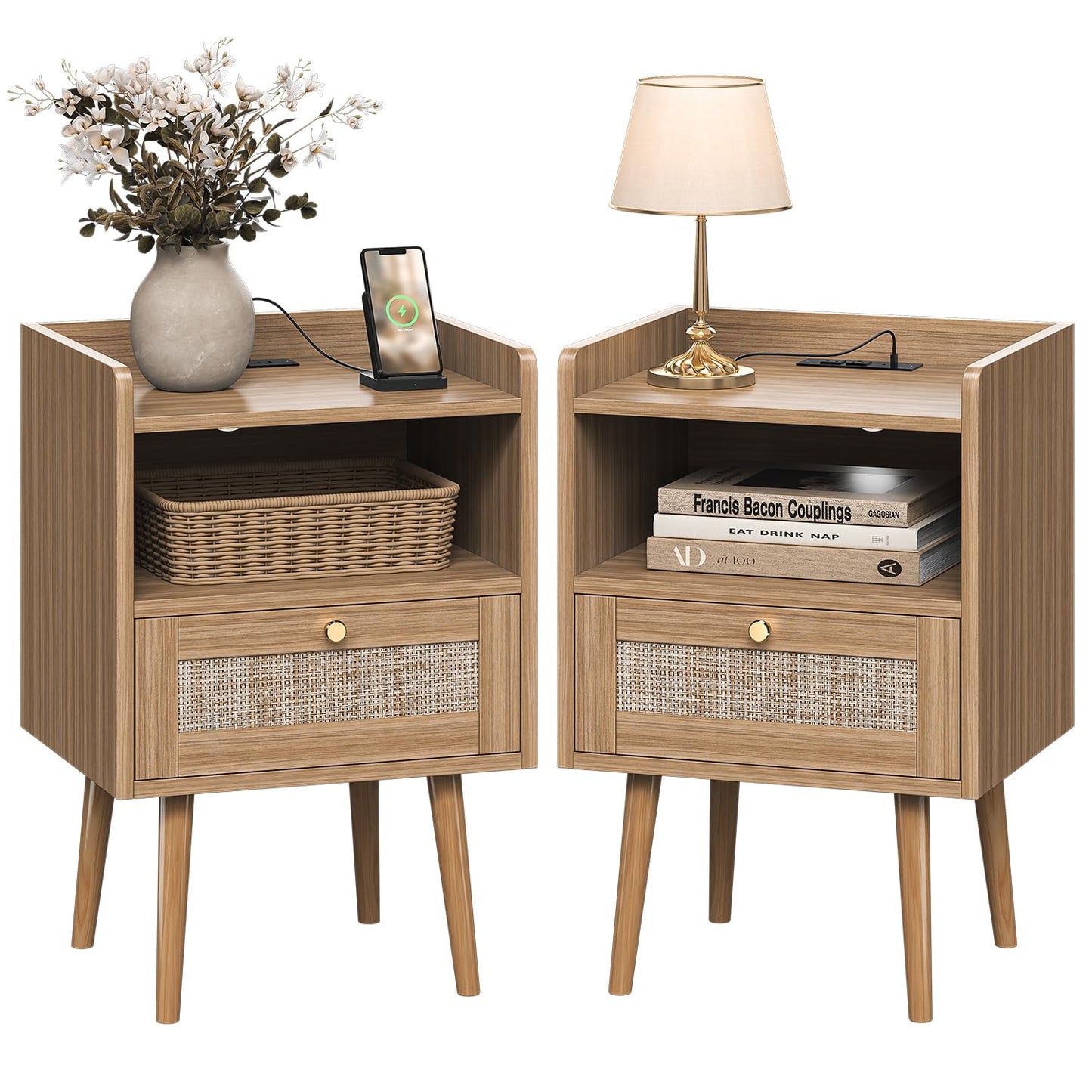 MECHYIN Night Stand Set 2, Nightstands Set of 2 with Charging Station, Rattan Side Tables with Solid Wood Legs, Boho Bedside End Table for Apartment Bedroom Dorm Small Space