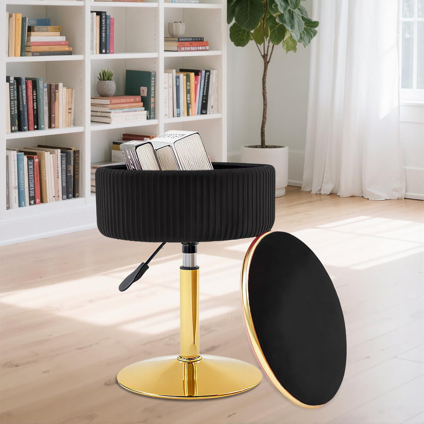 MRITWAII Adjustable Vanity Stool with Storage, 360° Swivel Makeup Stool Chair Small Velvet Round Ottoman with Gold Base for Bedroom (Black)