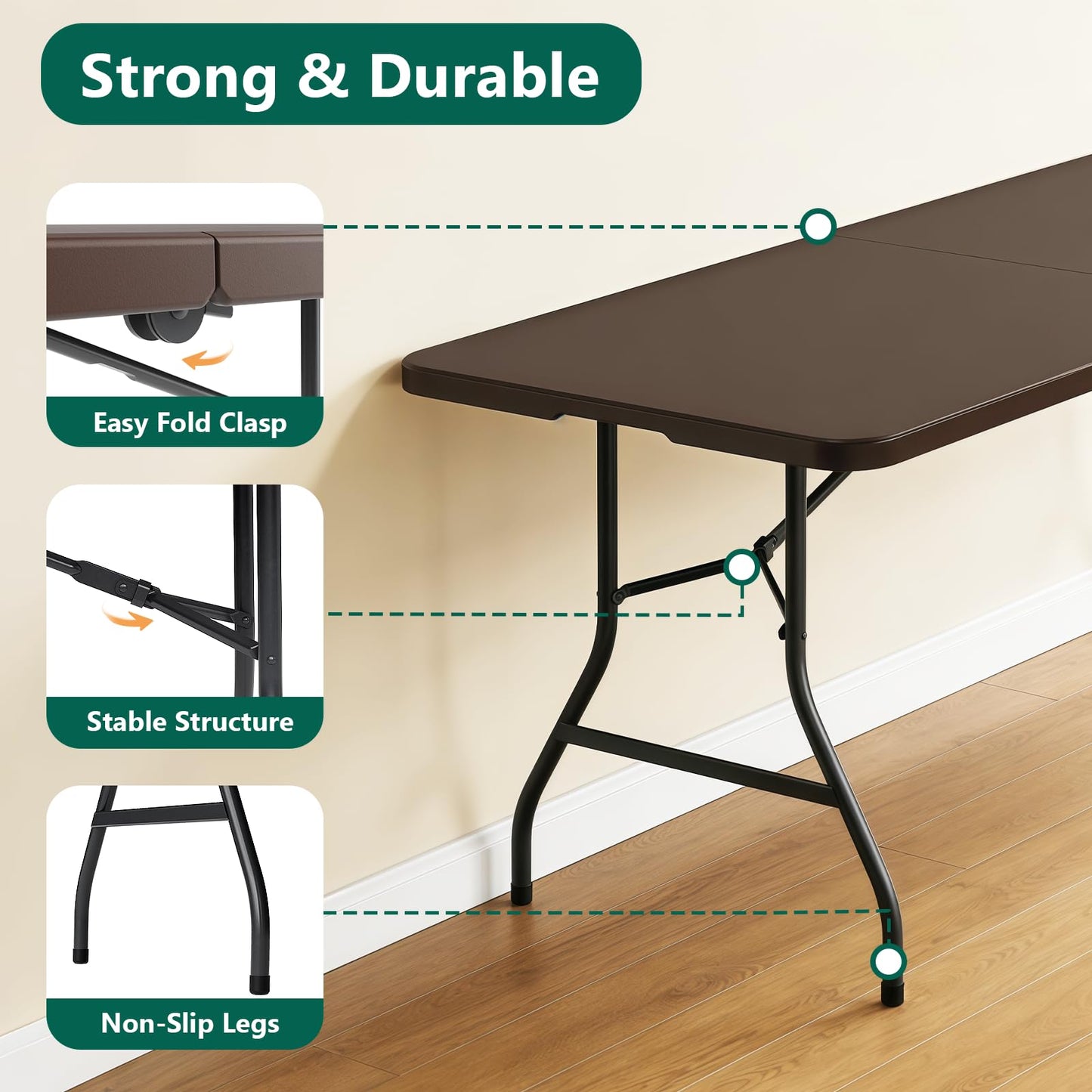 2 Pack Folding Table 6ft - Heavy Duty Plastic Table with Handle, Foldable & Portable, Fold-in-Half Utility Tables for Outdoor, Dining, Wedding, Events, Indoor, Picnic, Camping, Party (Brown)