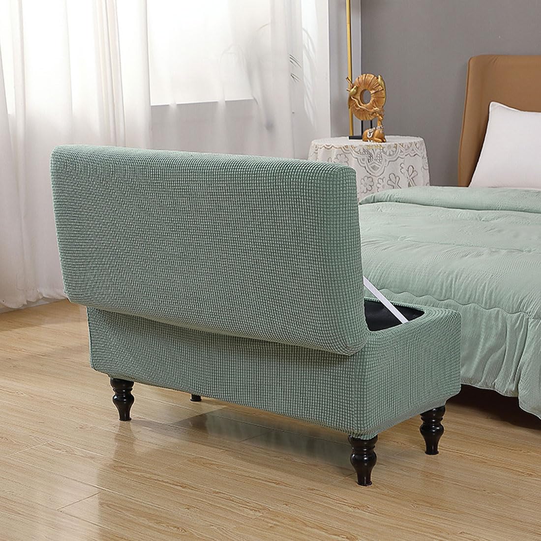 Lussenwert Ottoman Cover Rectangle, Stretch Jacquard Storage Bench Cover Removable Folding With Elastic Bands Ties Large Sage