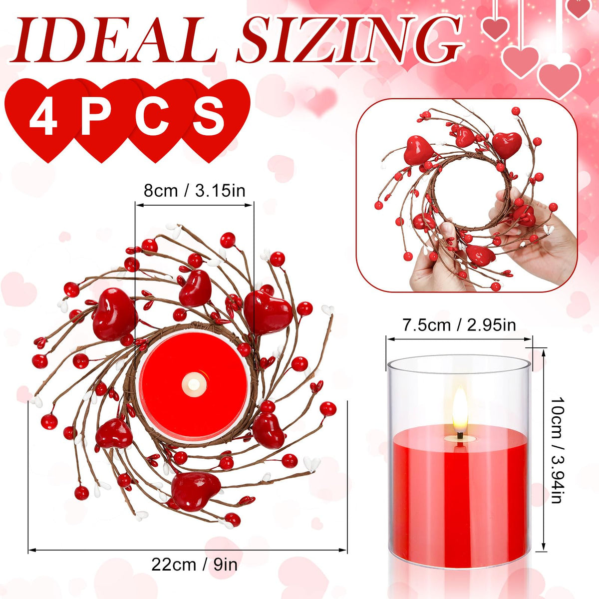 Yunlly 4 Pcs Valentine Candle Wreaths Rings Red Heart and Berry Candle Holder Rings with LED Flameless Red Candles, 9.5" Wide for Valentine's Day Wedding Windows Table Centerpieces