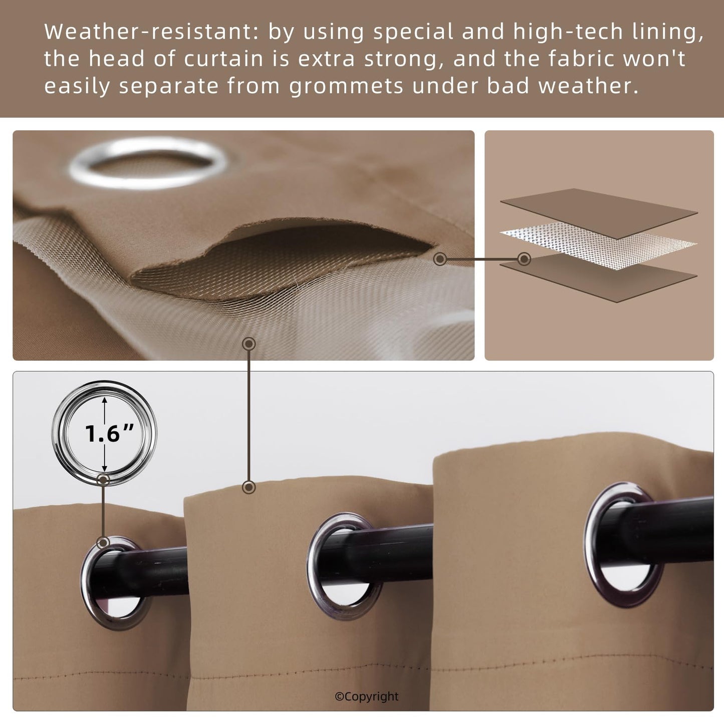 DIVA EN CAMINO DEC Outdoor Patio Curtain Waterproof Darkening Thermal Insulated Indoor Curtains for Bedroom, Porch, Living Room, Pergola, Cabana, W84 x L95, Camel Brown, Set of 2 Panels