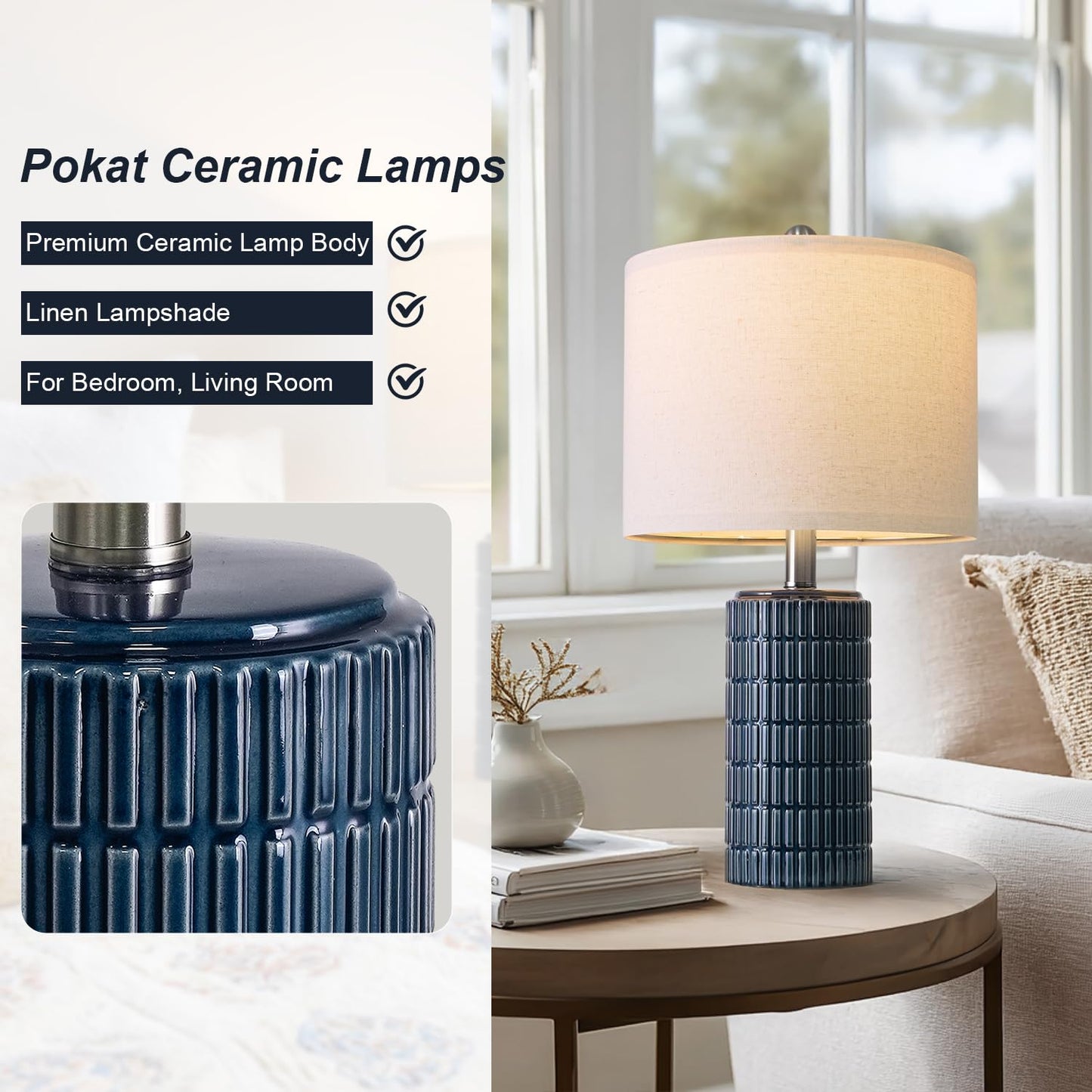 PoKat 20.75" Small Blue Table Lamps, Farmhouse Bedside Lamps for Bedroom Set of 2, Ceramic End Table Lamps for Night Stands Living Room, Modern Nightstand Desk Lamps, Dark Blue
