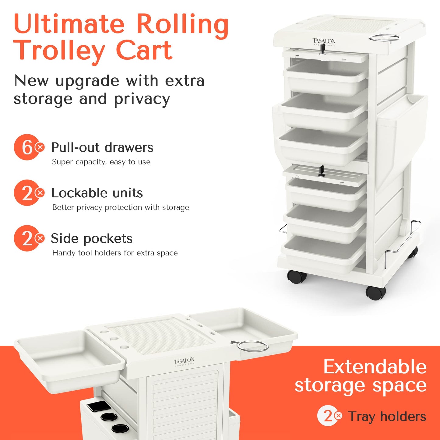 TASALON Salon Trolley Cart with Lock, 6 Lockable Trays + 2 Holders, Rolling Storage Cart for Hair Salon, Beauty, Barber Station - White
