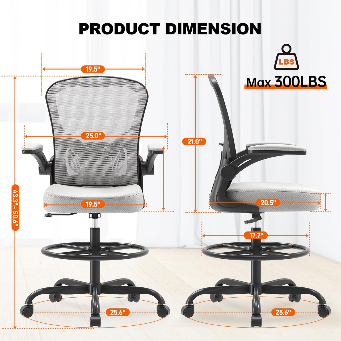 Ergonomic Drafting Chair, Tall Office Chair with Flip-up Armrests, Breathable Mesh High Desk Chair with Lumbar Support Adjustable Footrest Ring for Standing Desk Gray