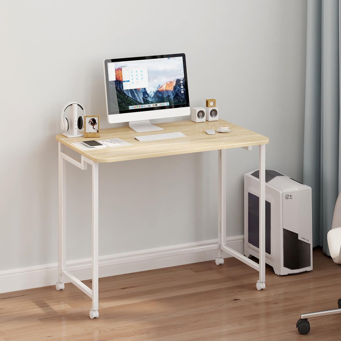 JSB Small Folding Computer Desk with Storage Bag and Hook Writing Modern Industrial Work Table Laptop for Home Office White (Natural & White, 27.6")