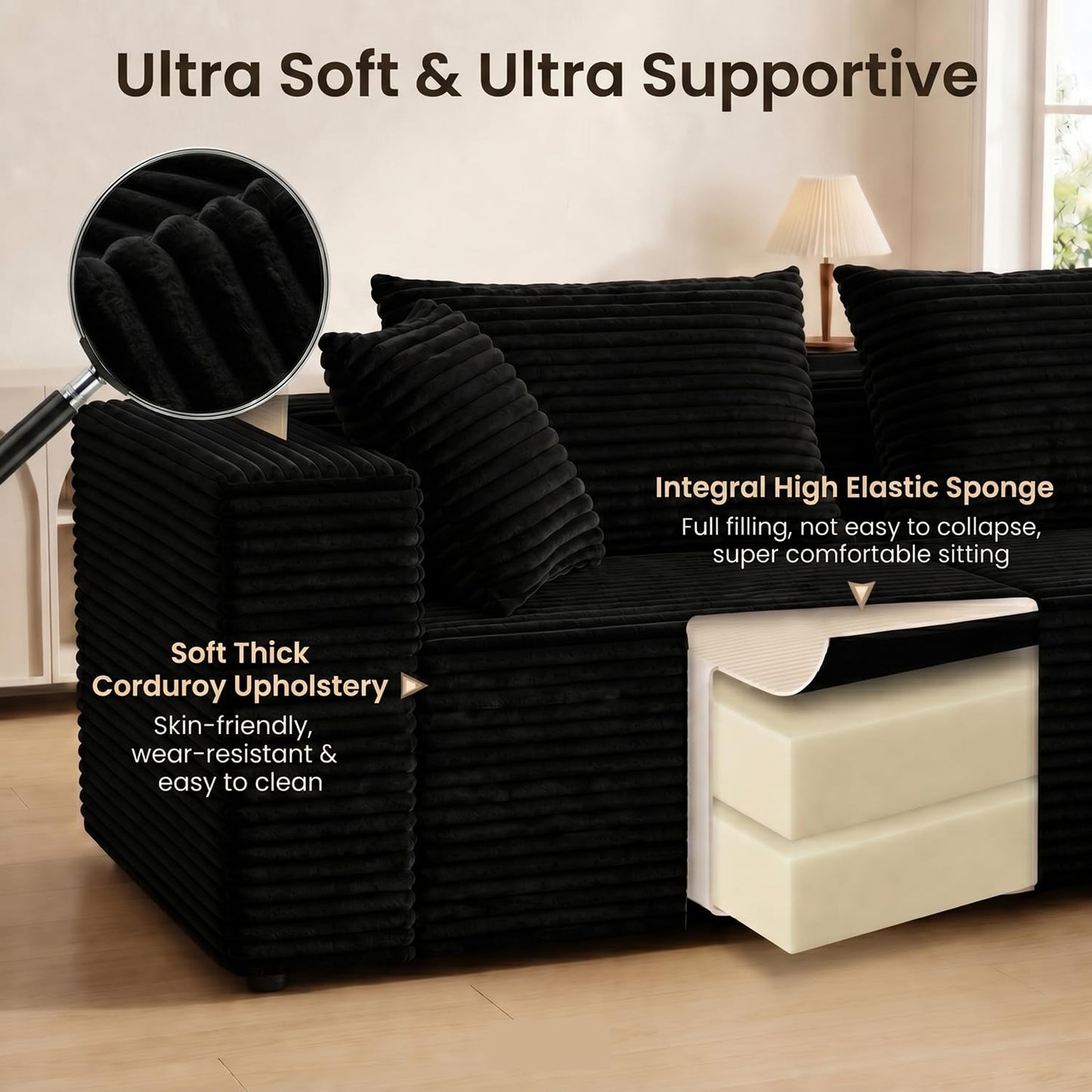 L-Shaped Sectional Sofa Corduroy Couch, All Sponge No Frame No Springs Sofa, Modern Modular Fabric Sofa with Pillows for Living Room Bedroom Apartment (Black（R） Right Chaise)